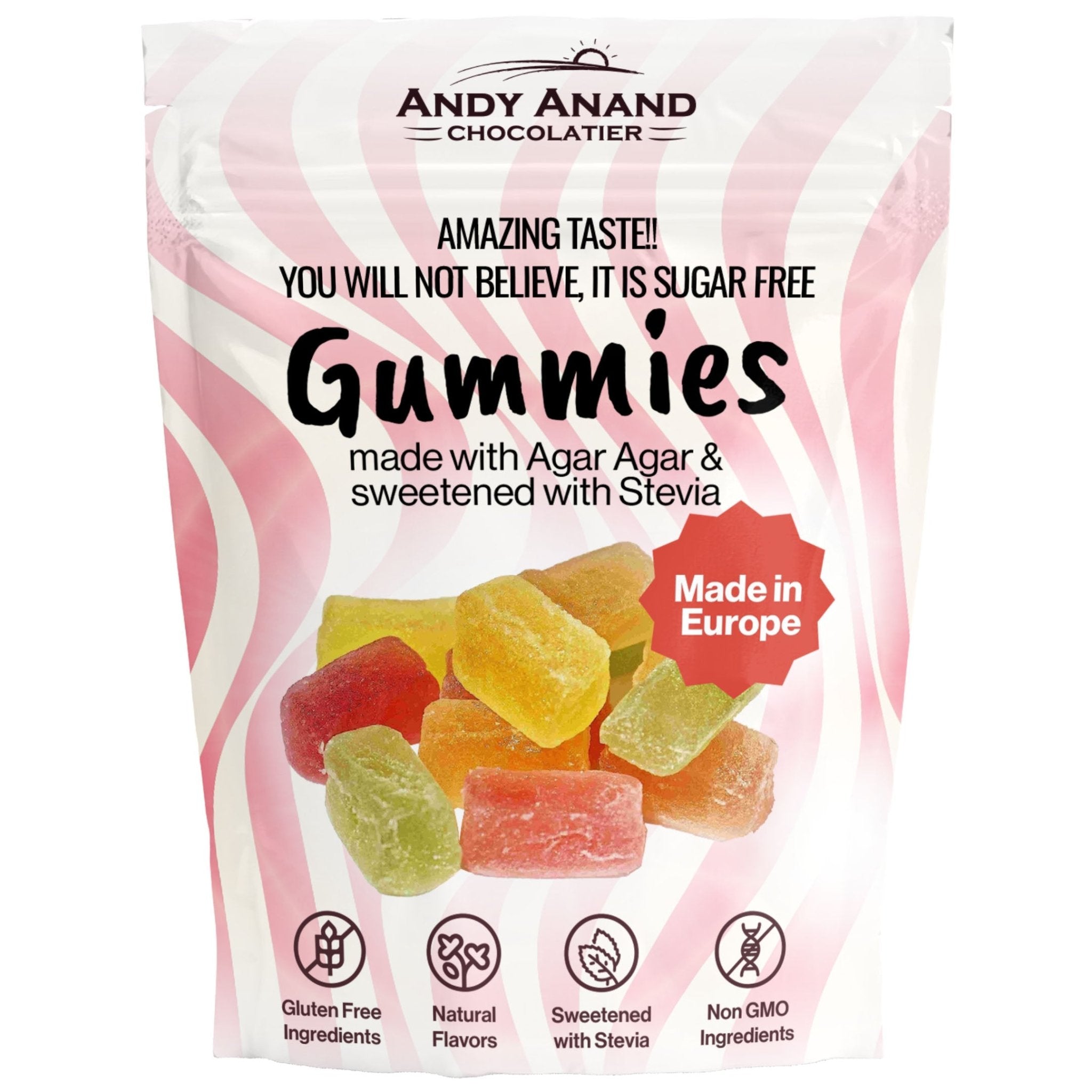 Sugar free assorted fruit flavored gummies made with agar agar and stevia, gluten-free, natural, non-GMO candy pack from Europe.