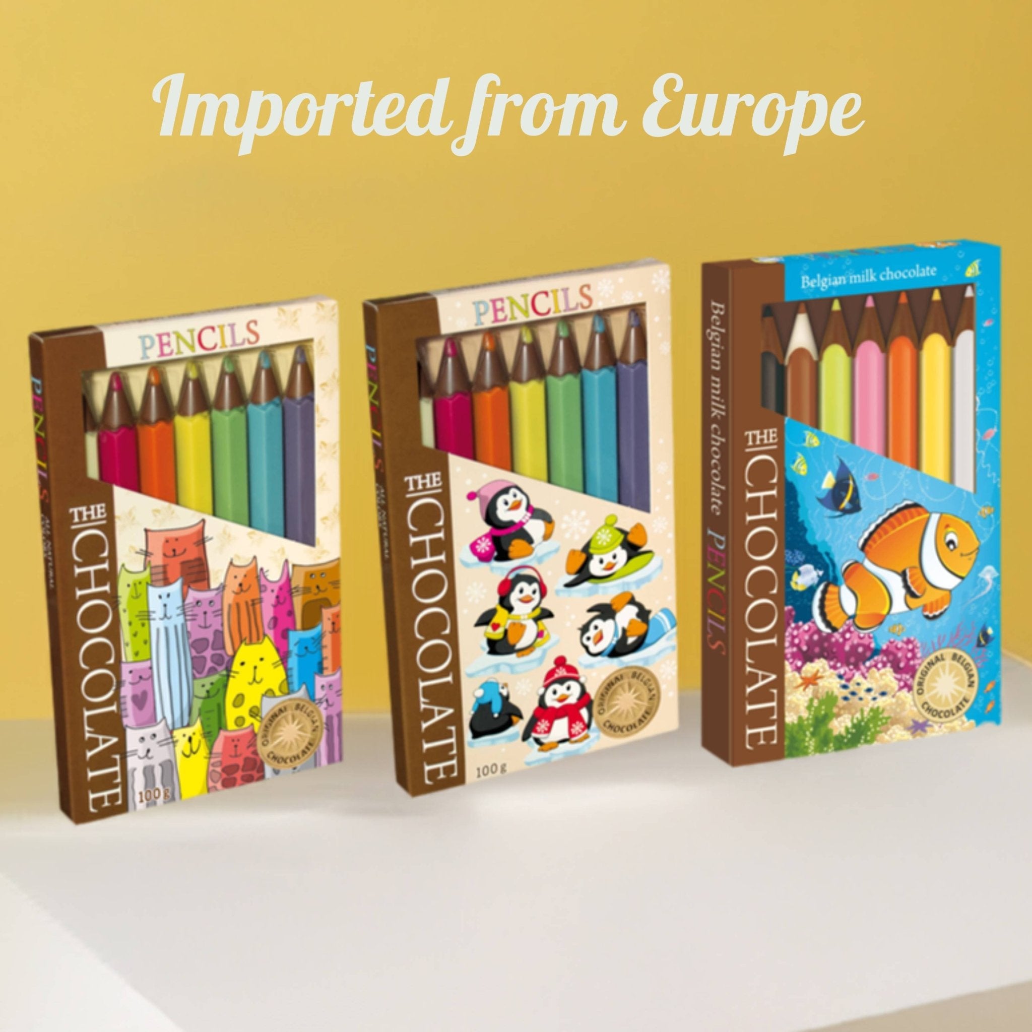 Milk Chocolate Enticing image featuring imported chocolate crayons in playful packaging, inviting children to savor a delightful European-inspired treat. Andy Anand Chocolates, All Products, Products, Milk Chocolate.