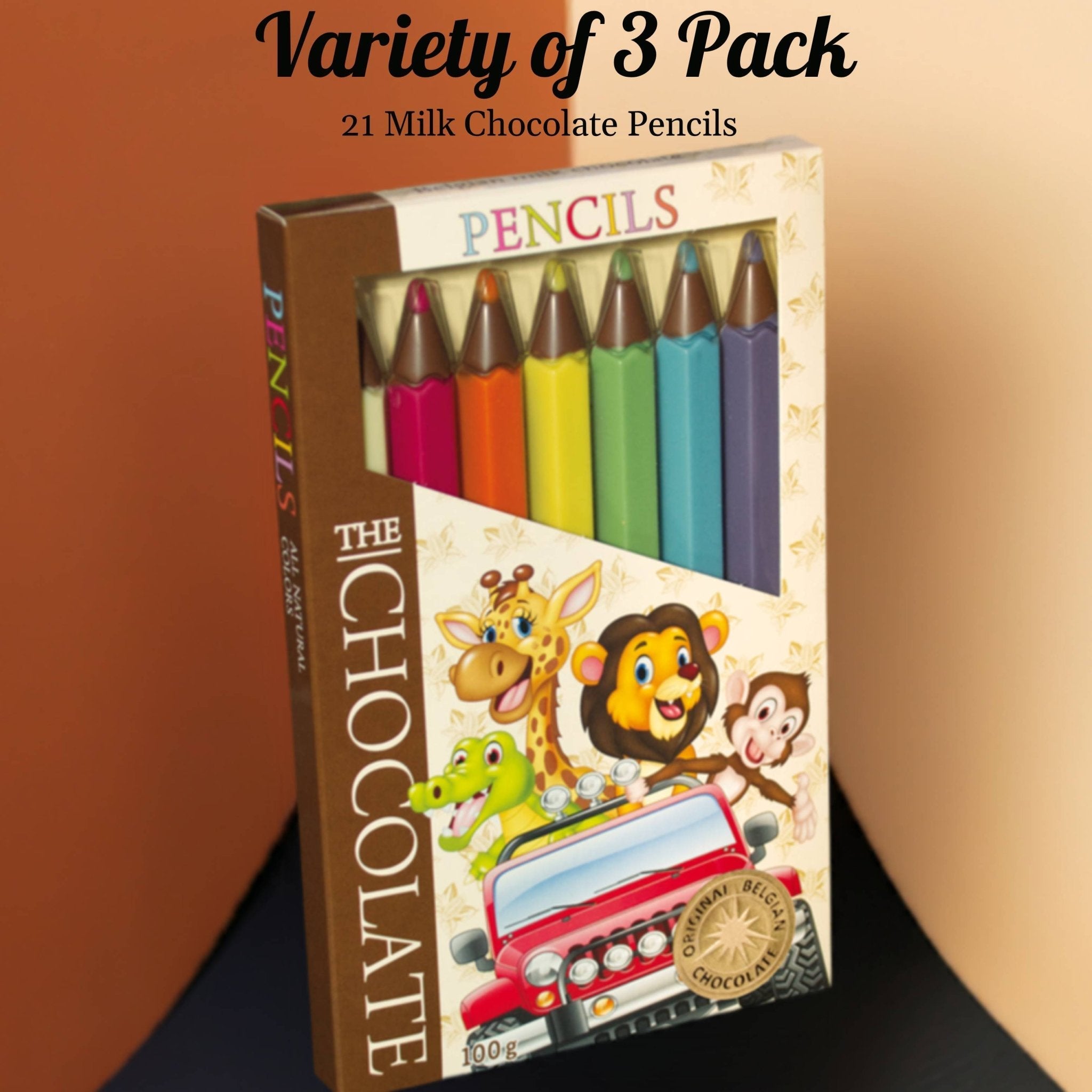 Andy Anand 21 pcs milk chocolate crayon boxes, 3-pack variety, ideal for special occasions.