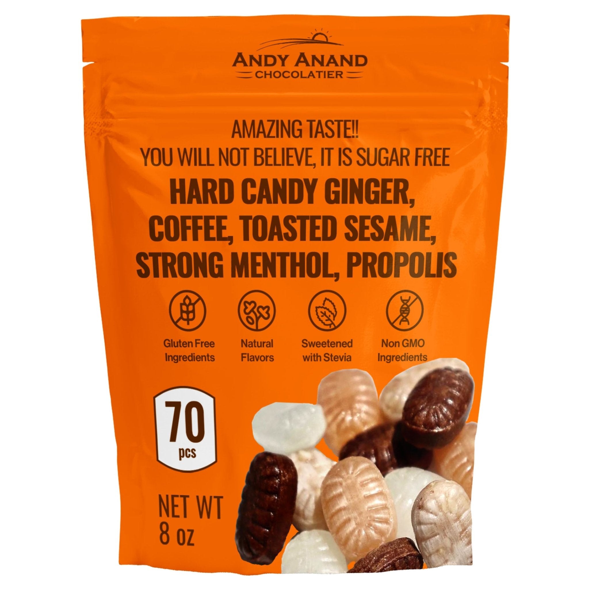 Sugar Free Hard Candy Andy Anand 70 Pc Ginger, Coffee, Toasted Sesame, Strong Menthol, Propolis 8 Oz - Andyanand