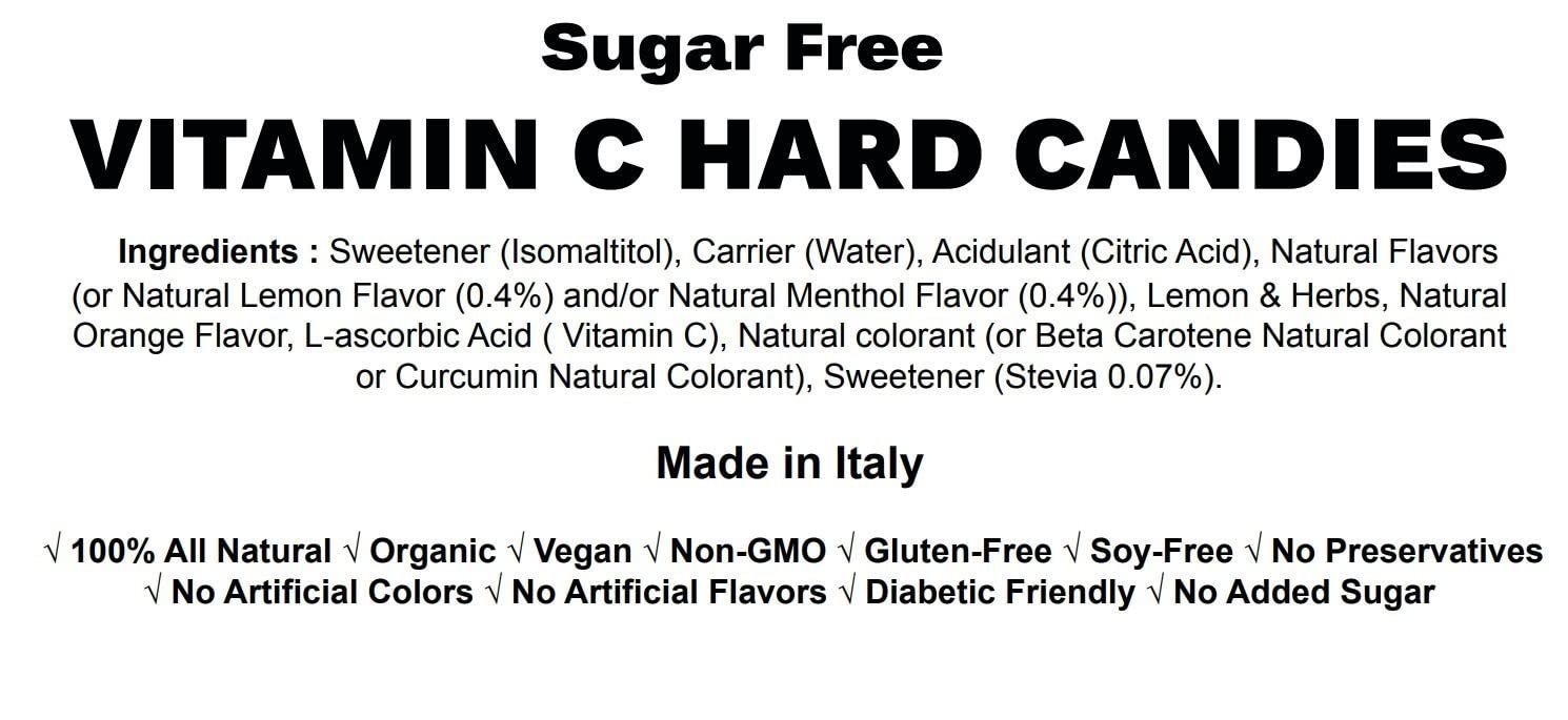 Sugar free Vitamin C Candy Label of Andy Anand 80 Pc Sugar Free Hard Candy, described as Vitamin C enriched and sweetened with Stevia, showcasing ingredients and certifications of being 100% All Natural, Organic, Vegan, Non-GMO, Gluten-Free, Soy-Free, with No Preservatives, No Artificial Colors, No Artificial Flavors, and Diabetic Friendly. Made in Italy. Andy Anand Chocolates, All Products, Products, Italian Delicacies imported from Italy, Sugar Free Candy.