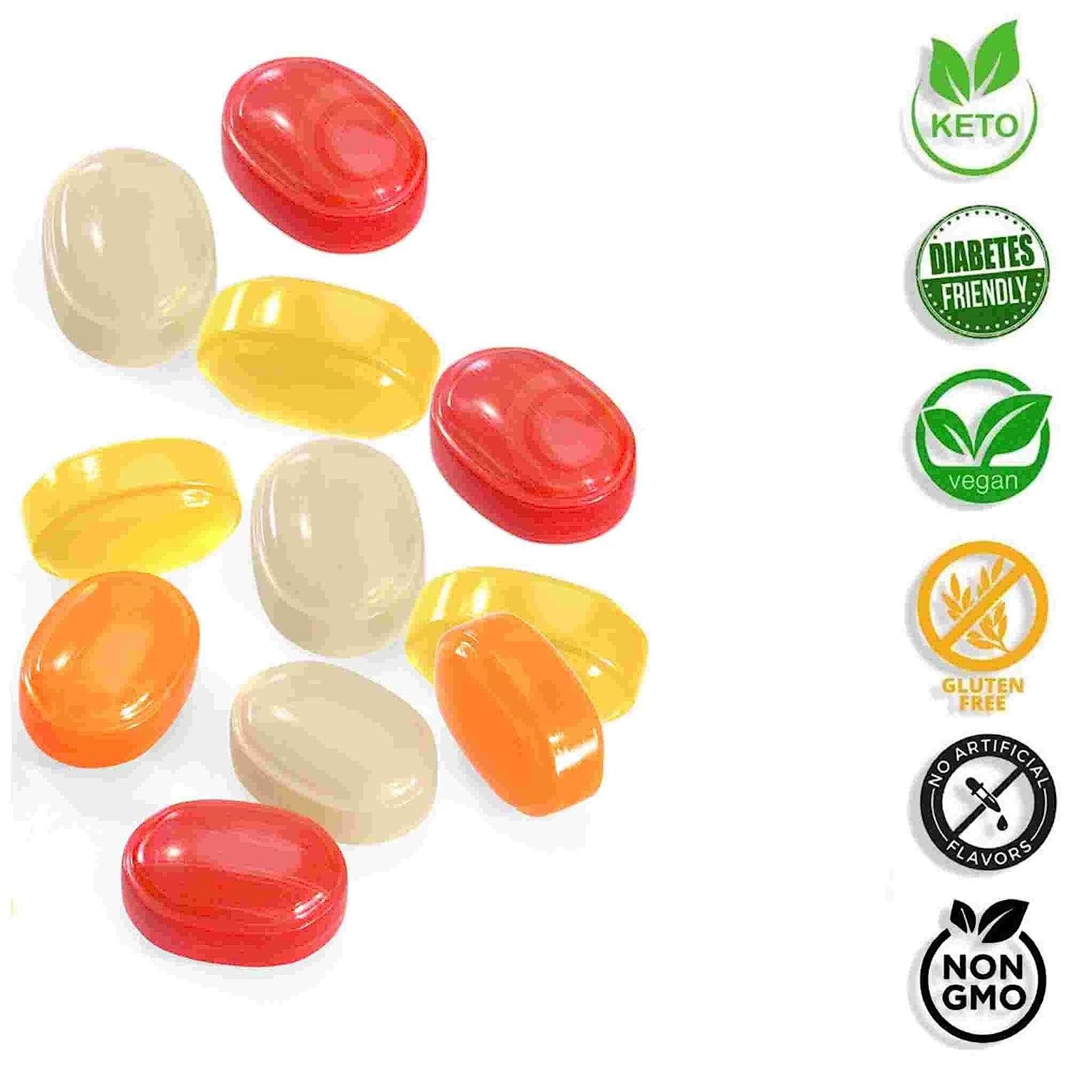Sugar free Vitamin C Candy Assorted 80-piece sugar-free hard candy enriched with vitamin C, sweetened with Stevia, featuring menthol eucalyptus, orange & lemon, and lemon & herbs flavors. Suitable for keto and diabetic-friendly diets. Certified organic, vegan, gluten-free, soy-free, non-GMO, with no artificial colors or preservatives. Made in Italy. Andy Anand Chocolates, All Products, Products, Italian Delicacies imported from Italy, Sugar Free Candy.