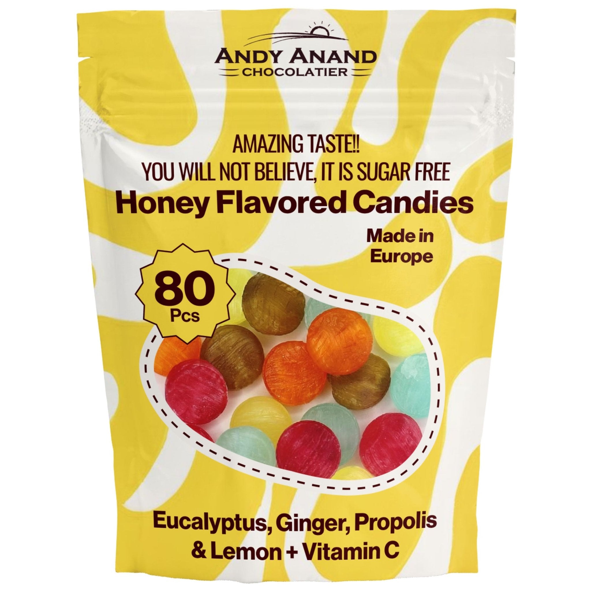 Andy Anand Chocolates Food & Beverages > Desserts & Sweets > Sugar Free Candy Andy Anand Sugar-Free Honey Ginger Candy with Propolis & Vitamin C, 70 pc, 7 oz – Functional European, Keto & Diabetic-Friendly Gift Box SF Honey Ginger Candy with Propolis 70 pc