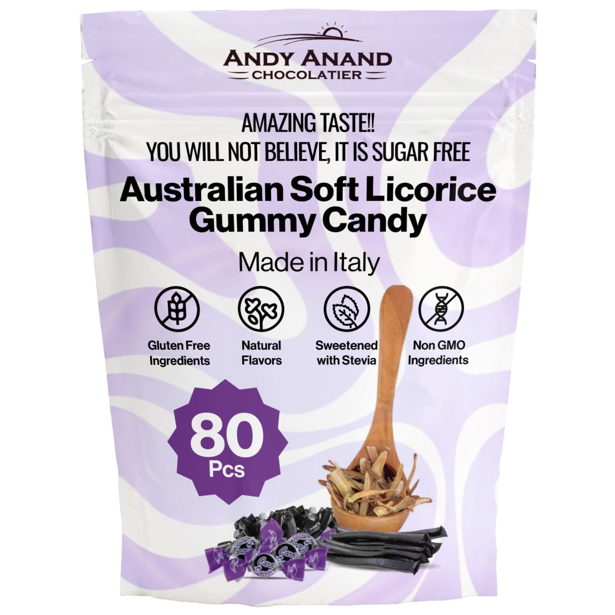 Sugar Free Licorice Candy Andy Anand 80pc Sugar Free Australian 7 Oz, Sweetened with Natural Stevia, Gluten Free - Andyanand