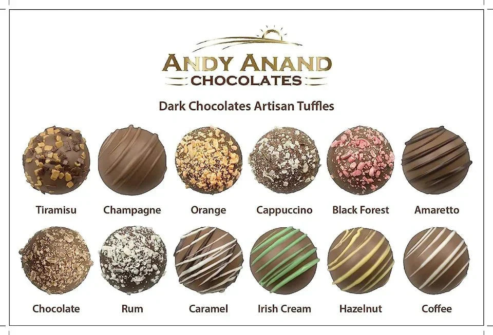 Dark Chocolate Truffles Assorted dark chocolate truffles by Andy Anand Chocolates, beautifully arranged with flavors including Tiramisu, Champagne, Orange, Cappuccino, Black Forest, Amaretto, Chocolate, Rum, Caramel, Irish Cream, Hazelnut, and Coffee. Andy Anand Chocolates, All Products, Products, Chocolate Truffles- Free 2nd Day Air