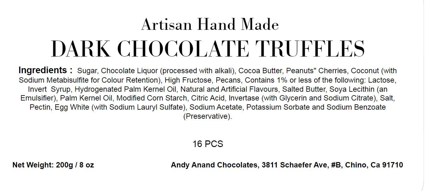 Dark Chocolate Truffles Artisan-crafted dark chocolate truffles with a variety of rich, indulgent flavors. Savor the creamy texture and exquisite taste of this premium chocolate assortment. Andy Anand Chocolates, All Products, Products, Chocolate Truffles- Free 2nd Day Air