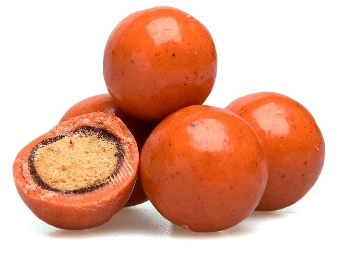 Belgian chocolate orange malt balls with crispy malt center and orange sherbet coating.