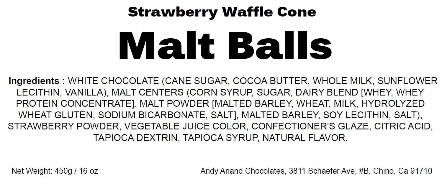Chocolate Strawberry Malt Ball Delectable Malt Balls encased in Belgian chocolate, layered in a strawberry waffle cone coating with cookie crumbs for a unique and irresistible treat. Andy Anand Chocolates, All Products, Products, Malt Balls