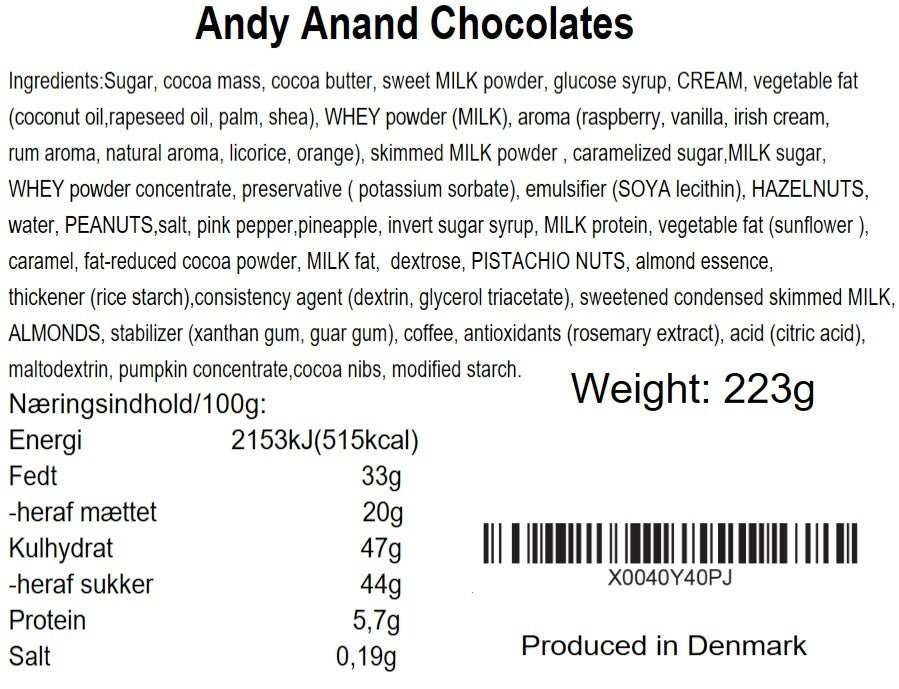 Belgian chocolate truffles by Andy Anand, 25 pcs, 7.8 oz, ingredients and composition page.