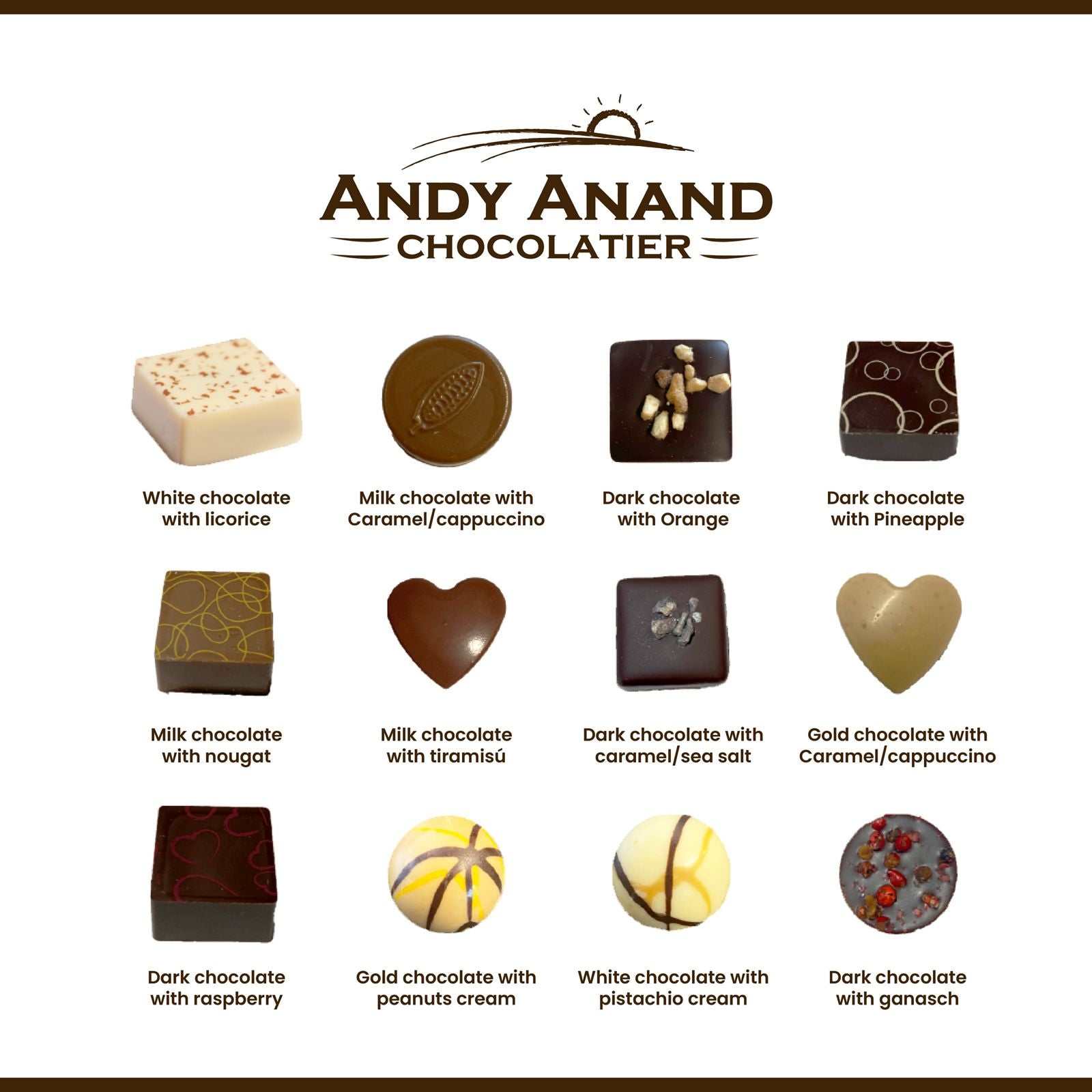Andy Anand Belgian chocolate truffles gift box, 25 pcs, 12 flavors, beautifully packed for gifting.
