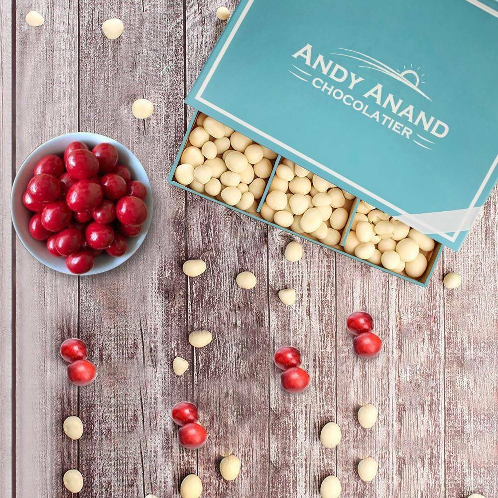 White Chocolate Coated Cranberries Delightful white chocolate-coated cranberries in a premium gift basket from Andy Anand Chocolates, All Products, Products, White Chocolate.