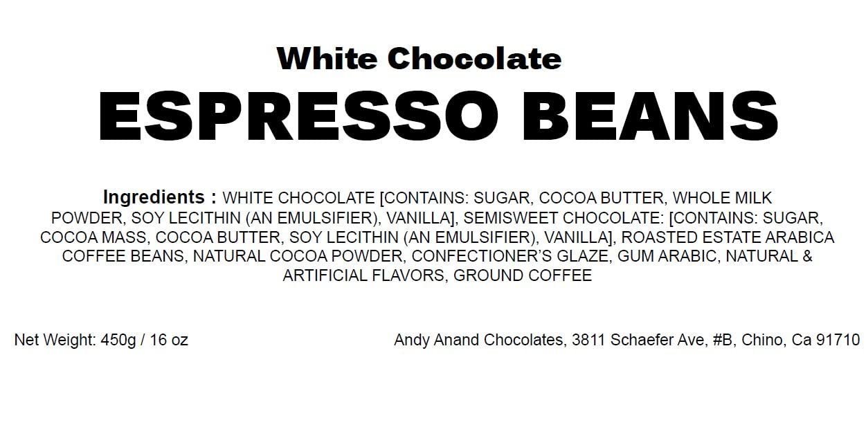 White Chocolate Covered Espresso Beans White chocolate covered espresso beans with ground coffee, made in small batches for a rich, crunchy treat.
