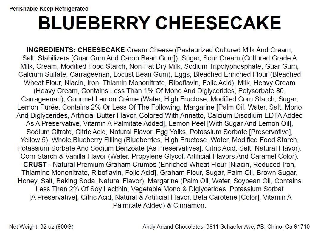 Blueberry cheesecake 9-inch with graham crust, crafted by expert bakers, fresh and creamy with natural blueberry filling.