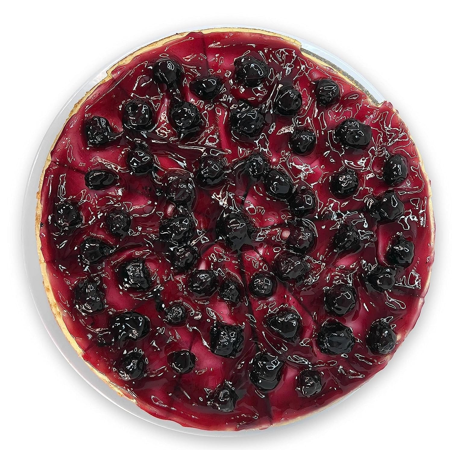 Blueberry cheesecake topped with glazed fresh blueberries on a 9-inch round base