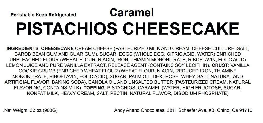 Andy Anand Chocolates Food & Beverages > Desserts & Sweets > Bakery > Cheesecake Andy Anand Caramel Pistachio Cheesecake, 9-Inch, 2 lb – Freshly Baked, Real California Cream Cheese, No Preservatives, Birthday Gift Box Caramel Pistachio Cheesecake 2.6 lb | Nationwide