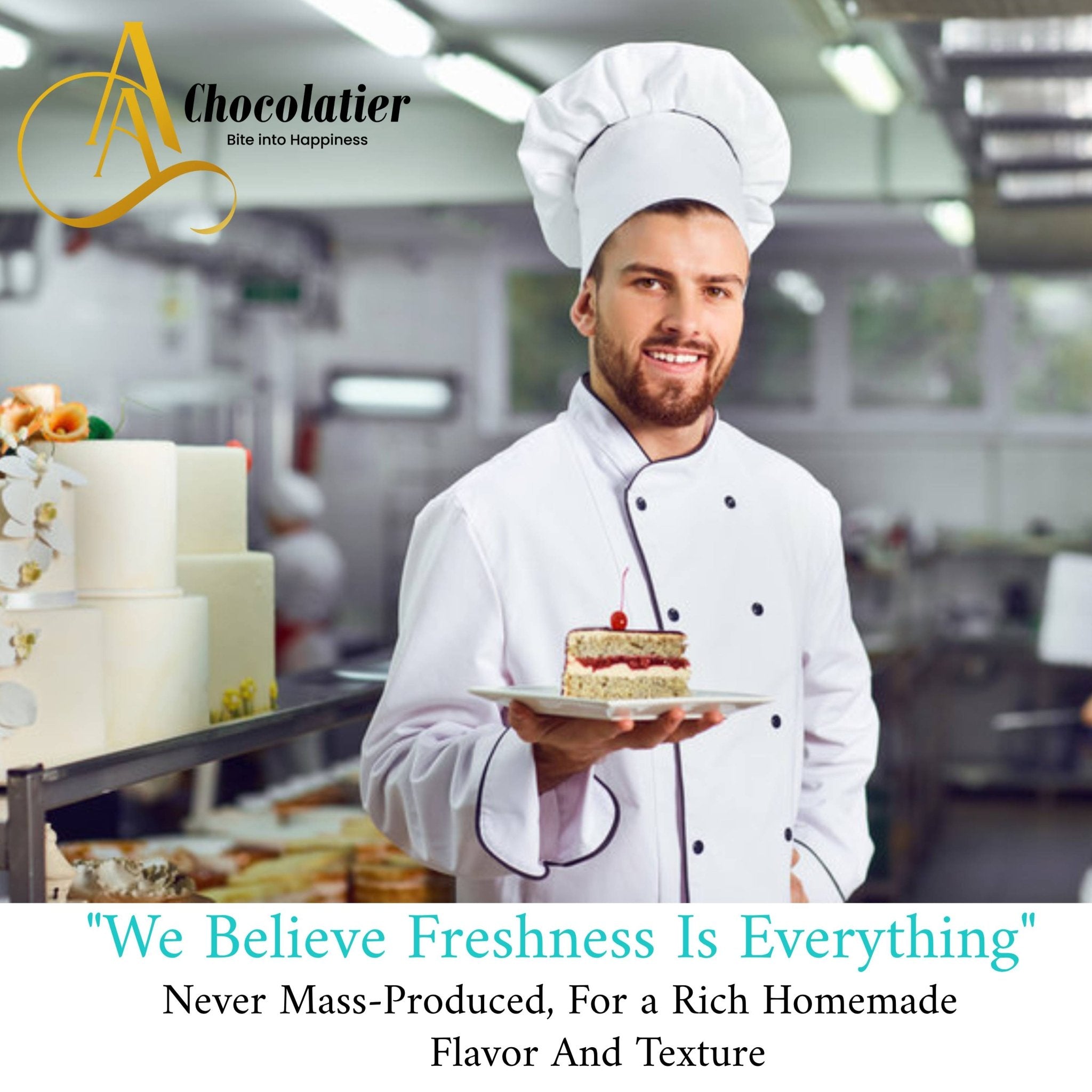 Professional baker in white chef uniform holding a plated slice of layered cheesecake in a bakery kitchen representing handcrafted New York style cheesecake delivery.