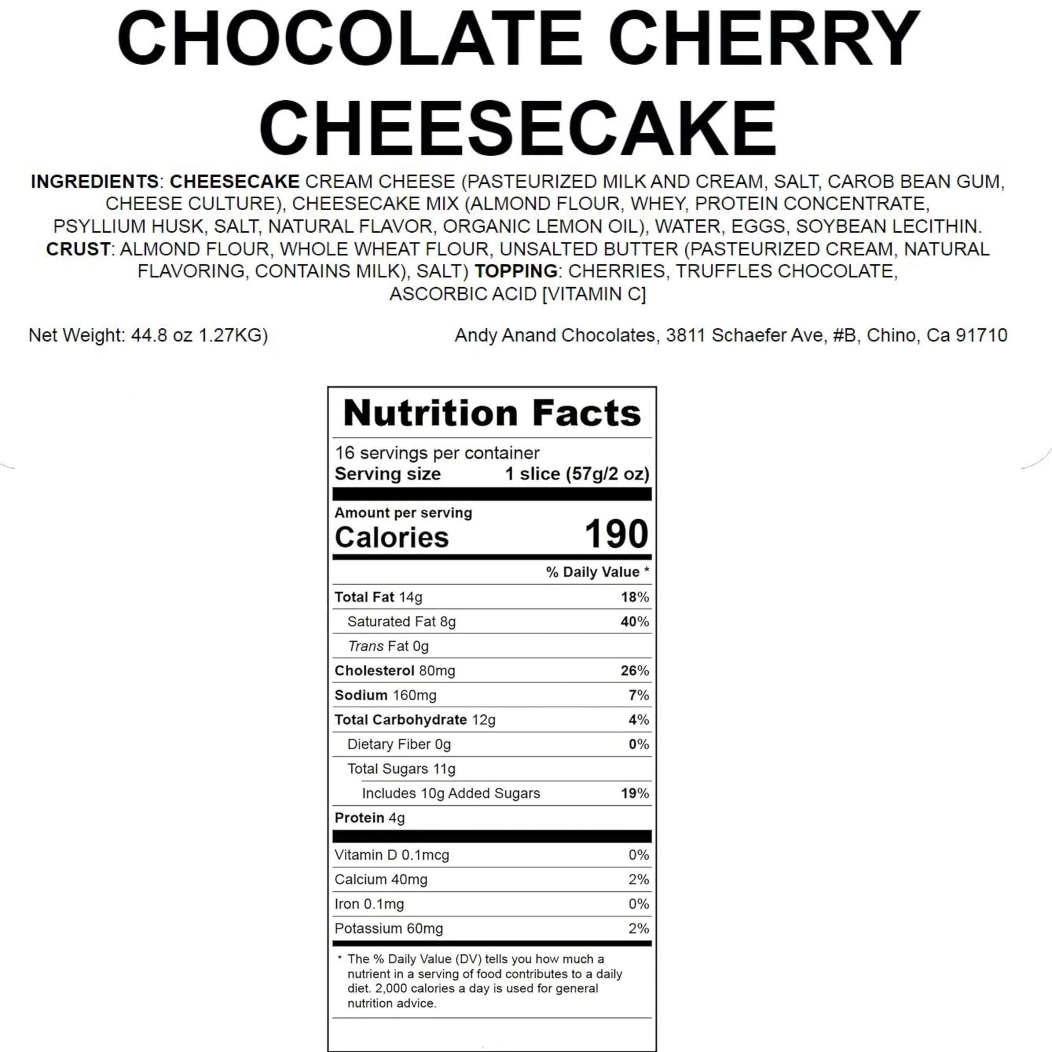 Andy Anand Chocolates Food & Beverages > Desserts & Sweets > Bakery > Cheesecake Andy Anand Chocolate Cherry Cheesecake, 9-Inch, 2.8 lb – Real Chocolate Truffles, California Cream Cheese, No Preservatives, Birthday Gift Chocolate Cherry Cheesecake 9 inch | Nationwide