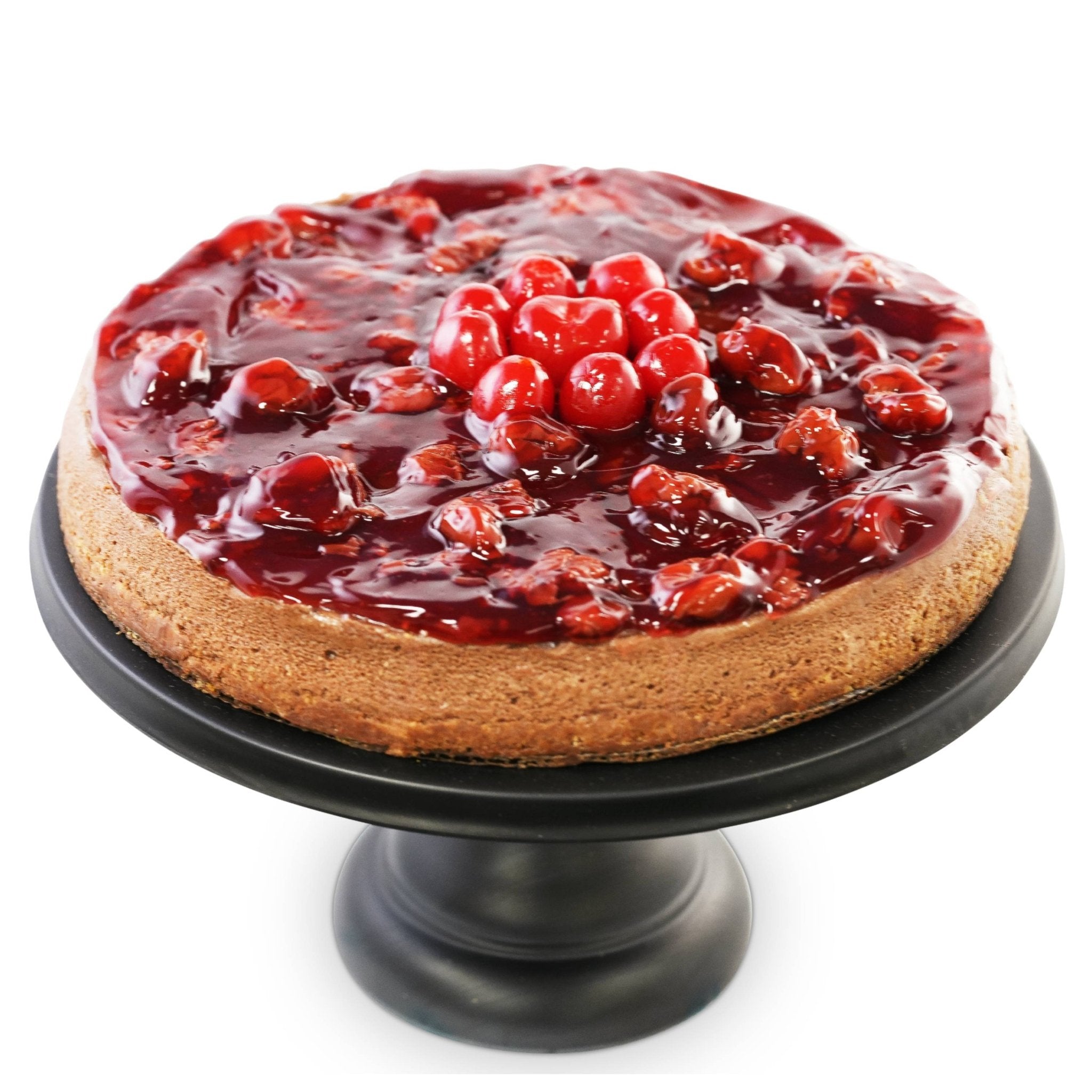 Beautifully plated chocolate cherry cheesecake, 9-inch, 2.8 lbs, by Andy Anand, rich homemade flavor with truffles.