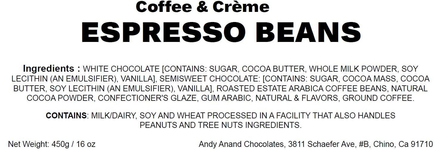 Andy Anand Espresso Coffee & Crème Chocolate beans, roasted Arabica coffee beans dipped in white and semisweet chocolate, 1 lb gift box
