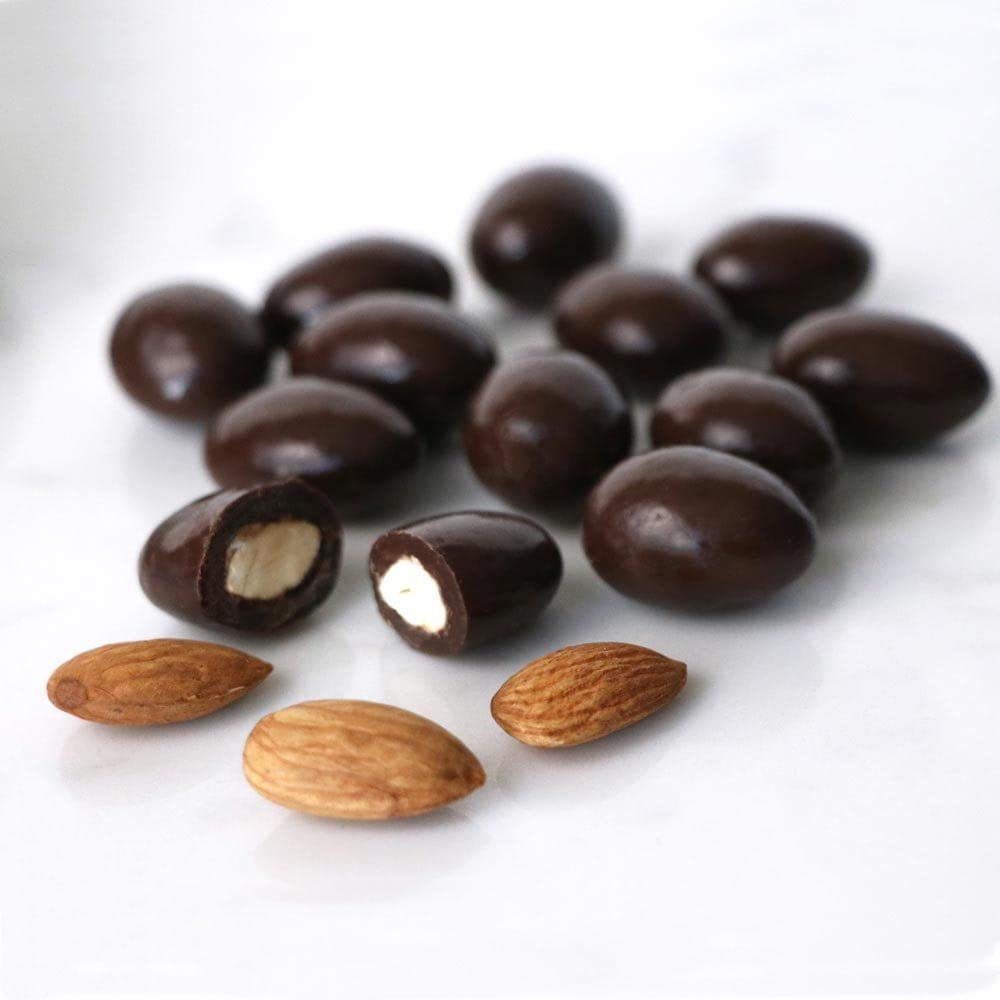 Dark chocolate-covered California almonds, artfully arranged with whole almonds. Andy Anand Chocolates, All Products, Products, Sugar Free Dark Chocolates.