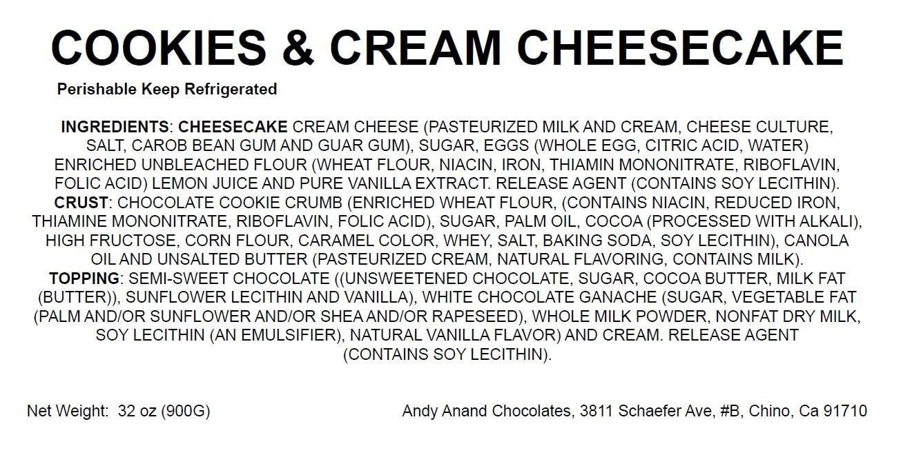 Cookies and cream cheesecake with chocolate cookie crust and semi-sweet chocolate topping, freshly baked and handcrafted for rich creamy flavor.