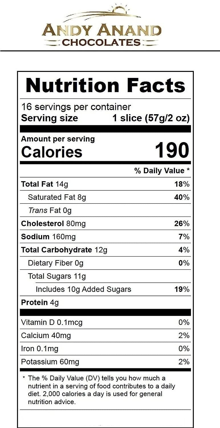 Nutrition facts label for Andy Anand Cookies and Cream Cheesecake showing calories, fat, cholesterol, sodium, carbohydrates, sugars, protein, and vitamins per serving.