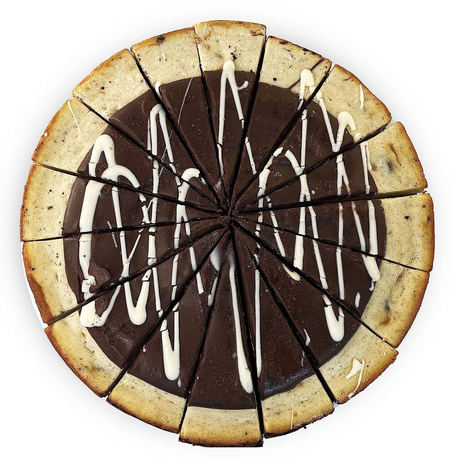 Top view of a sliced 9-inch cookies and cream cheesecake with chocolate and white drizzle on top, freshly baked and ready to serve.