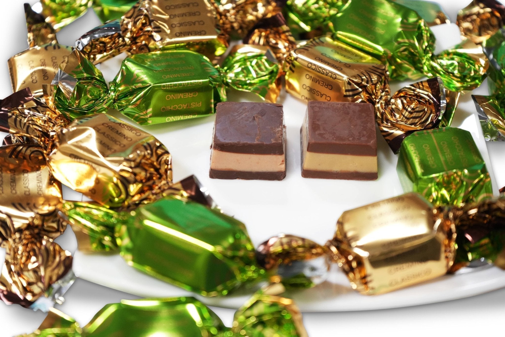 Gluten Free Cremino Assortment of delicious Italian Cremini chocolates with layers of gianduja, hazelnut, and pistachio, presented in an elegant box. Andy Anand Chocolates, All Products, Products, Italian Delicacies imported from Italy.