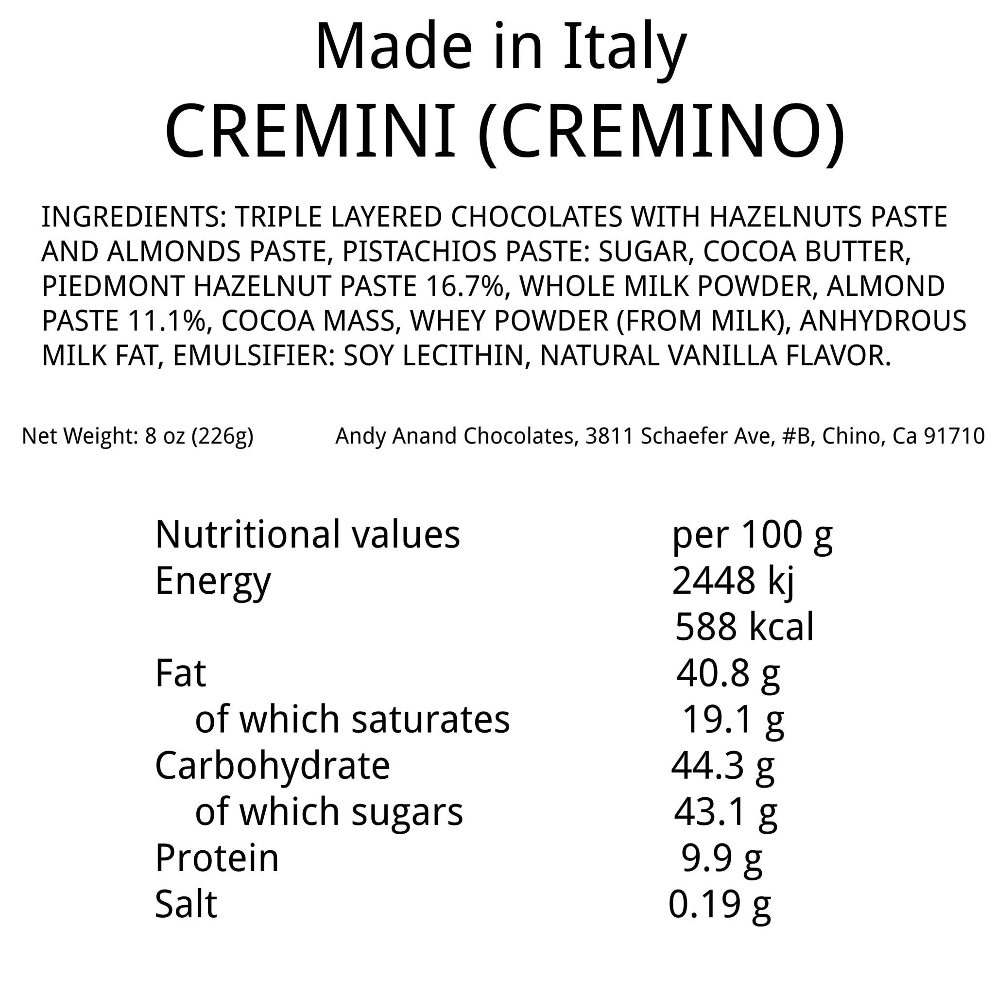 Gluten Free Cremino Italian with hazelnut and pistachio paste, crafted by Andy Anand Chocolates, a renowned brand offering authentic Italian delicacies.
