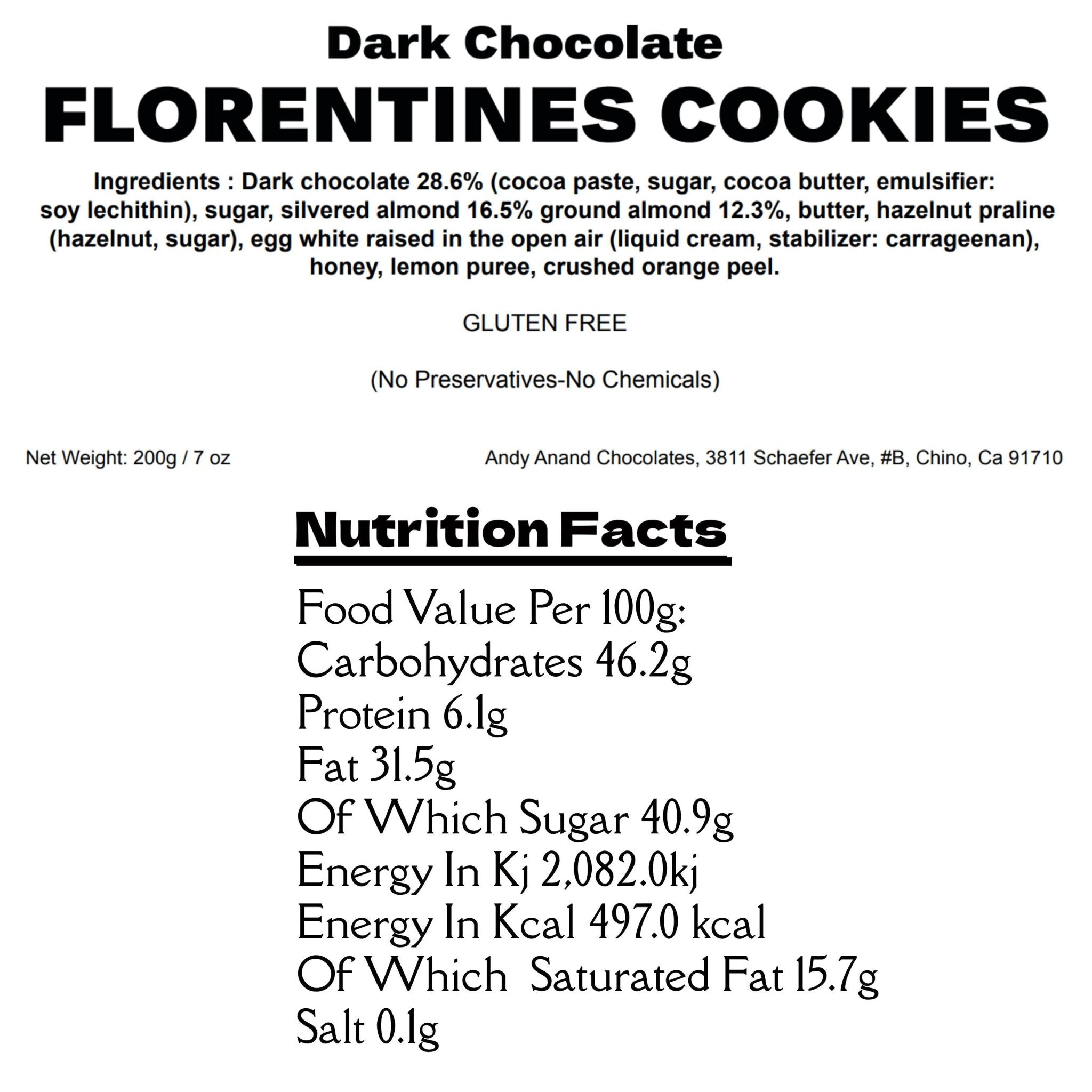 Nutrition facts and ingredients page for Andy Anand 24 pcs dark chocolate florentine orange almond biscuits.