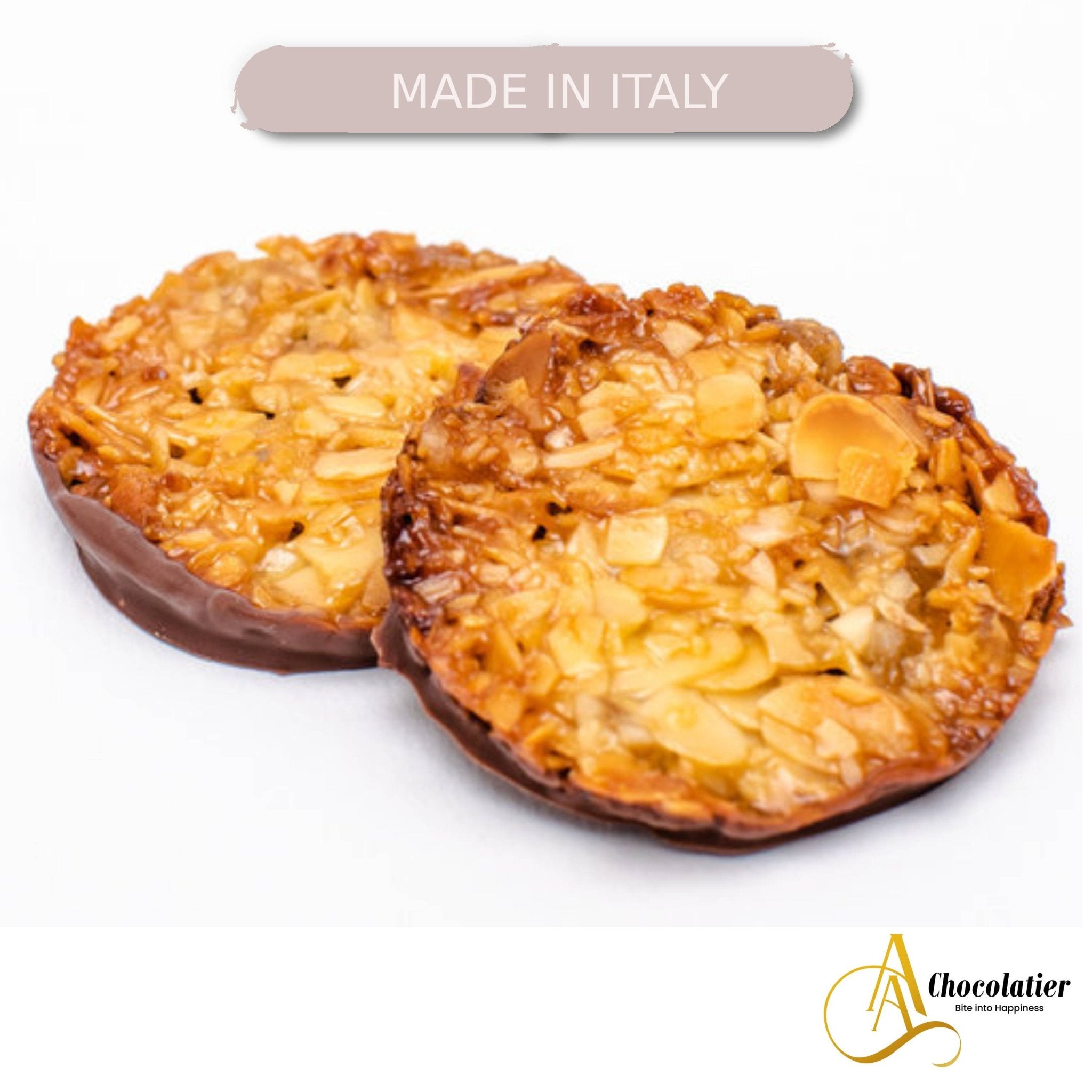 Andy Anand 24-piece dark chocolate florentine orange almond biscuits, made in Italy, plated for aesthetic presentation.