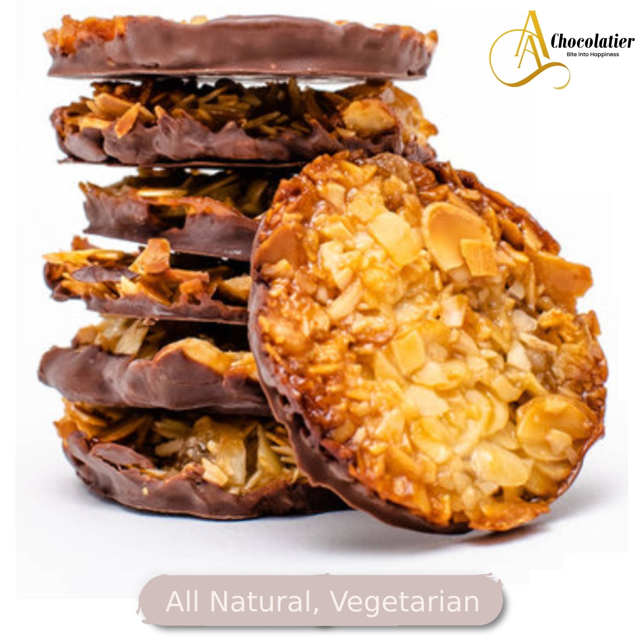 Andy Anand dark chocolate florentine biscuit cookies, orange almond, 24 pcs, all-natural, vegetarian, beautifully plated.
