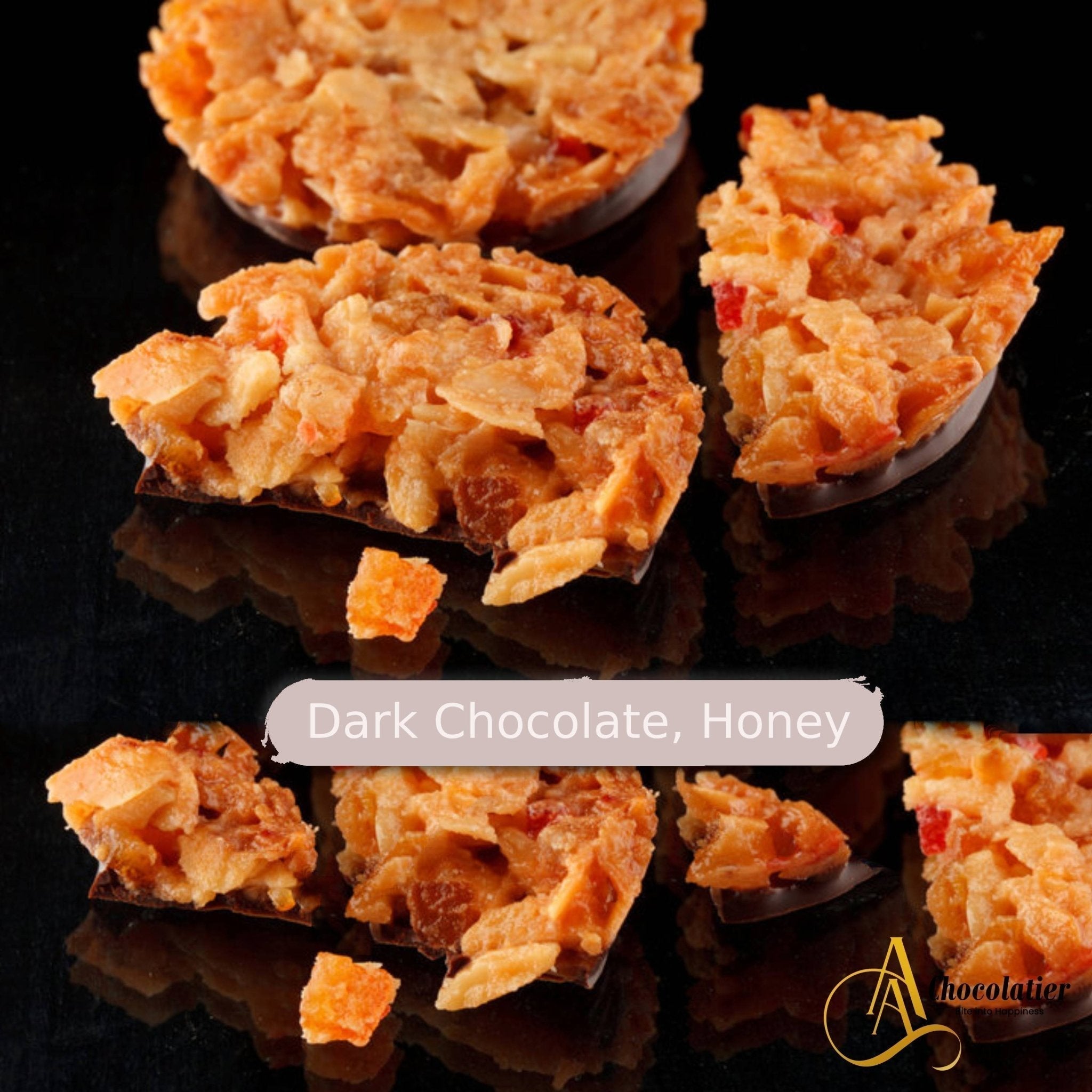 Andy Anand orange almond dark chocolate florentine biscuits, 24 pcs, Italian-made, beautifully plated for serving.