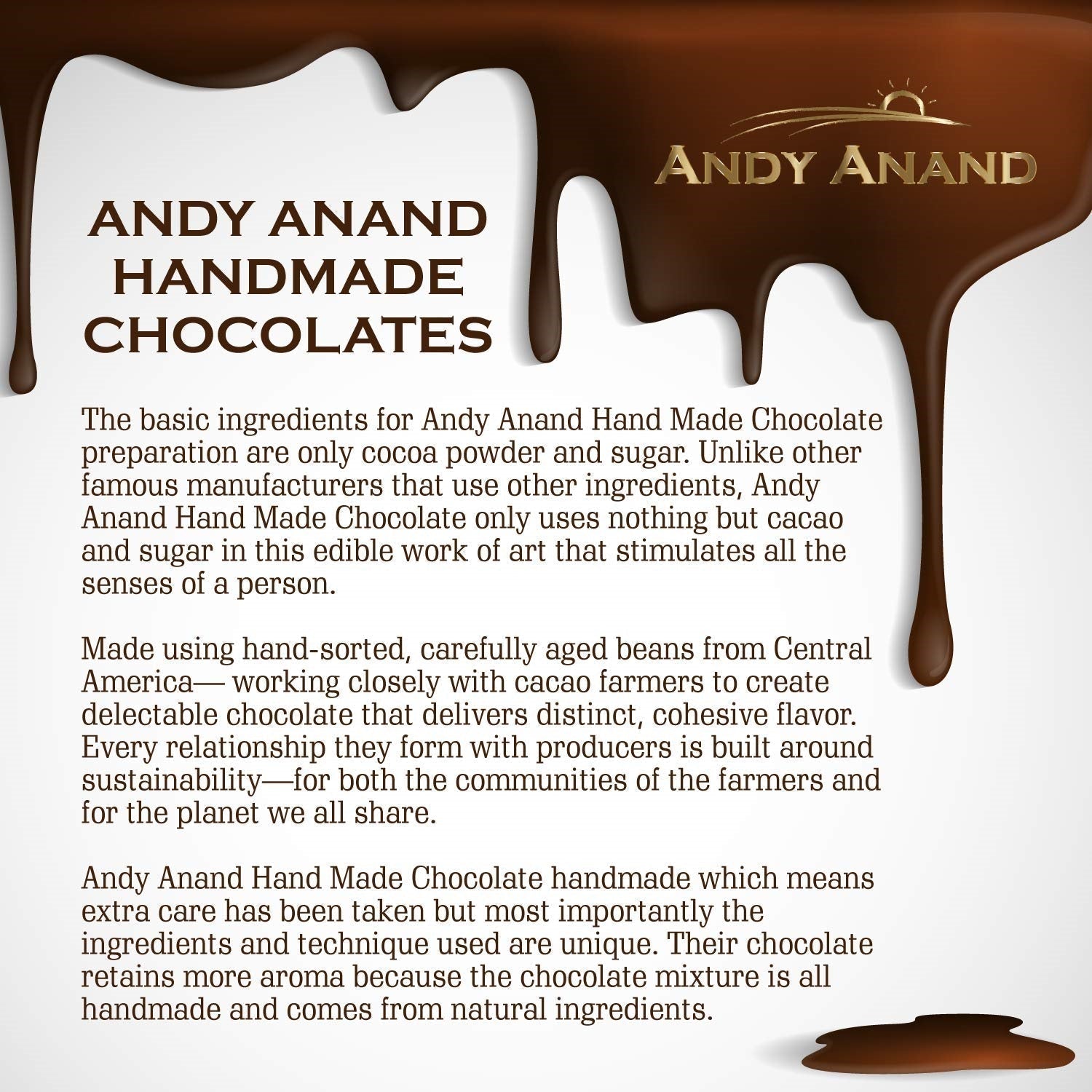 Andy Anand dark chocolate florentine biscuit cookies, orange almond, 24 pcs, ingredients and benefits page.