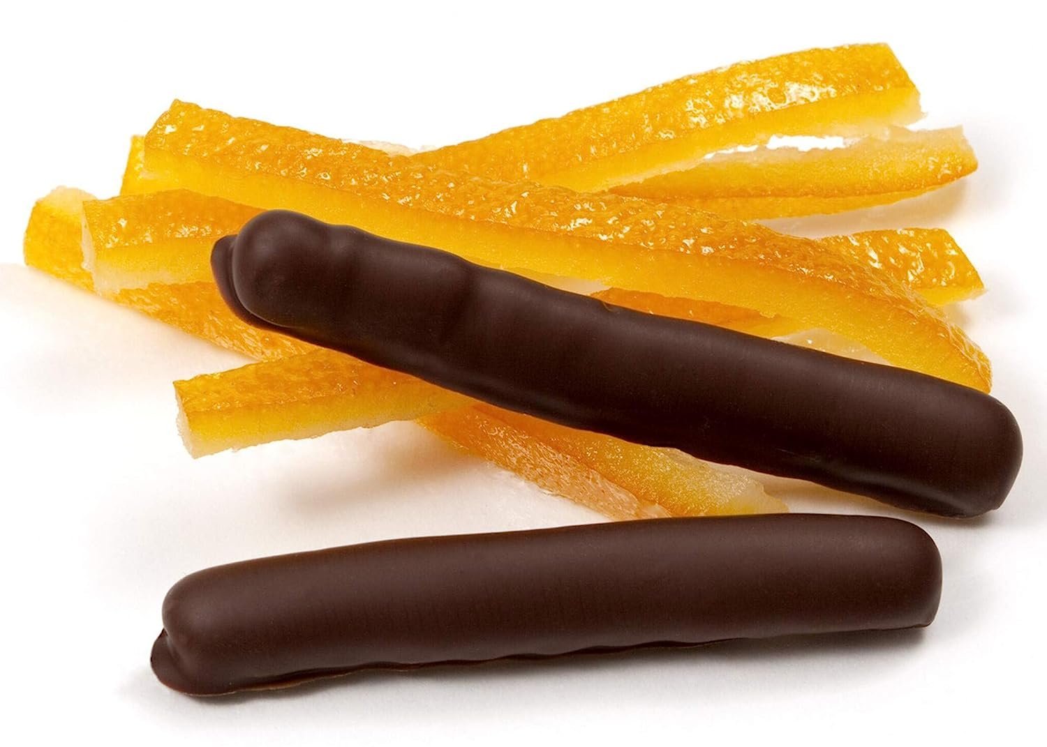 Elegant plating of Andy Anand vegan dark chocolate-covered orange peels, 1 lb gift assortment.