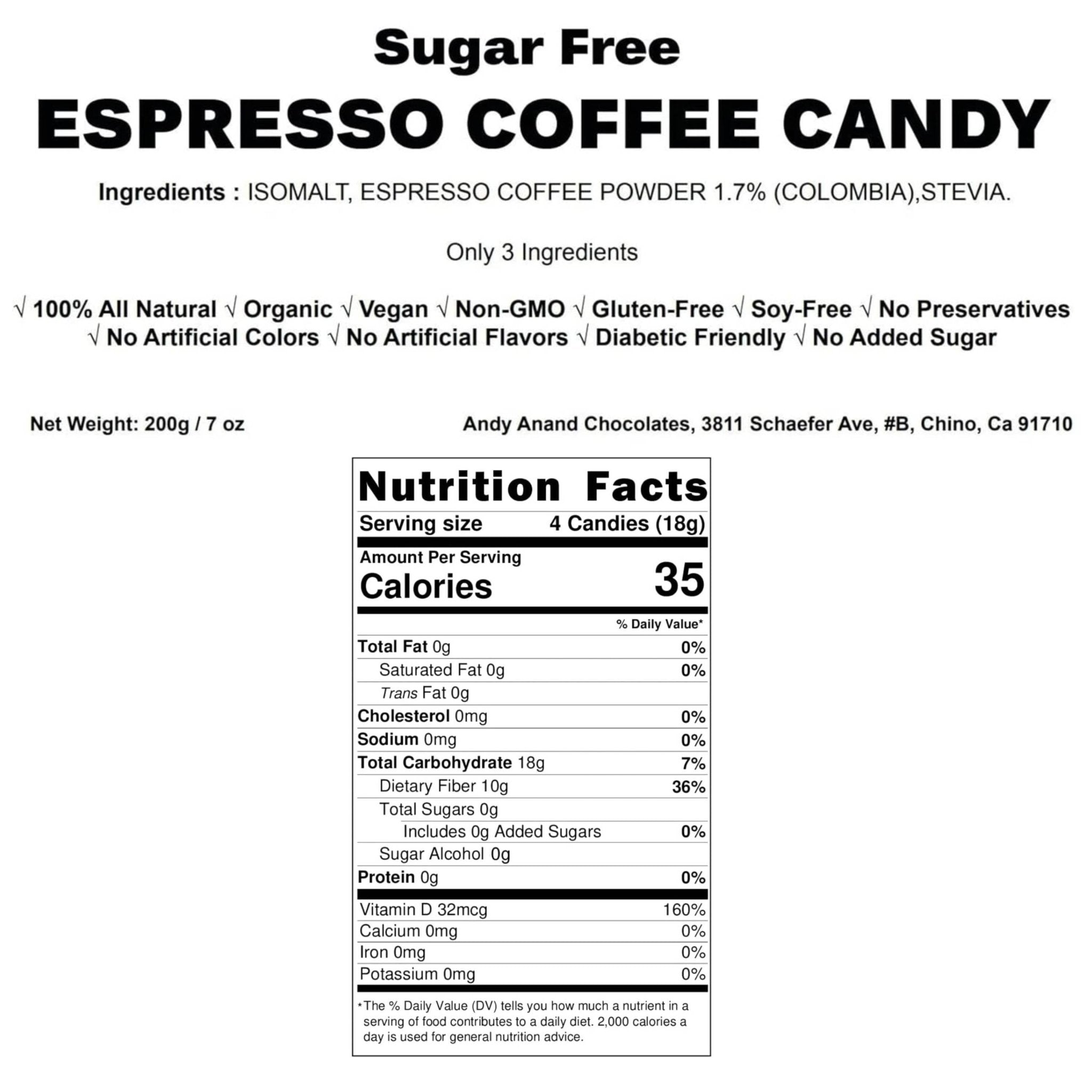 Sugar Free Espresso Coffee Candy Sugar-free espresso coffee candy, crafted with natural ingredients and sweetened with Stevia for a guilt-free indulgence. Andy Anand Chocolates, All Products, Products, Sugar Free Candy