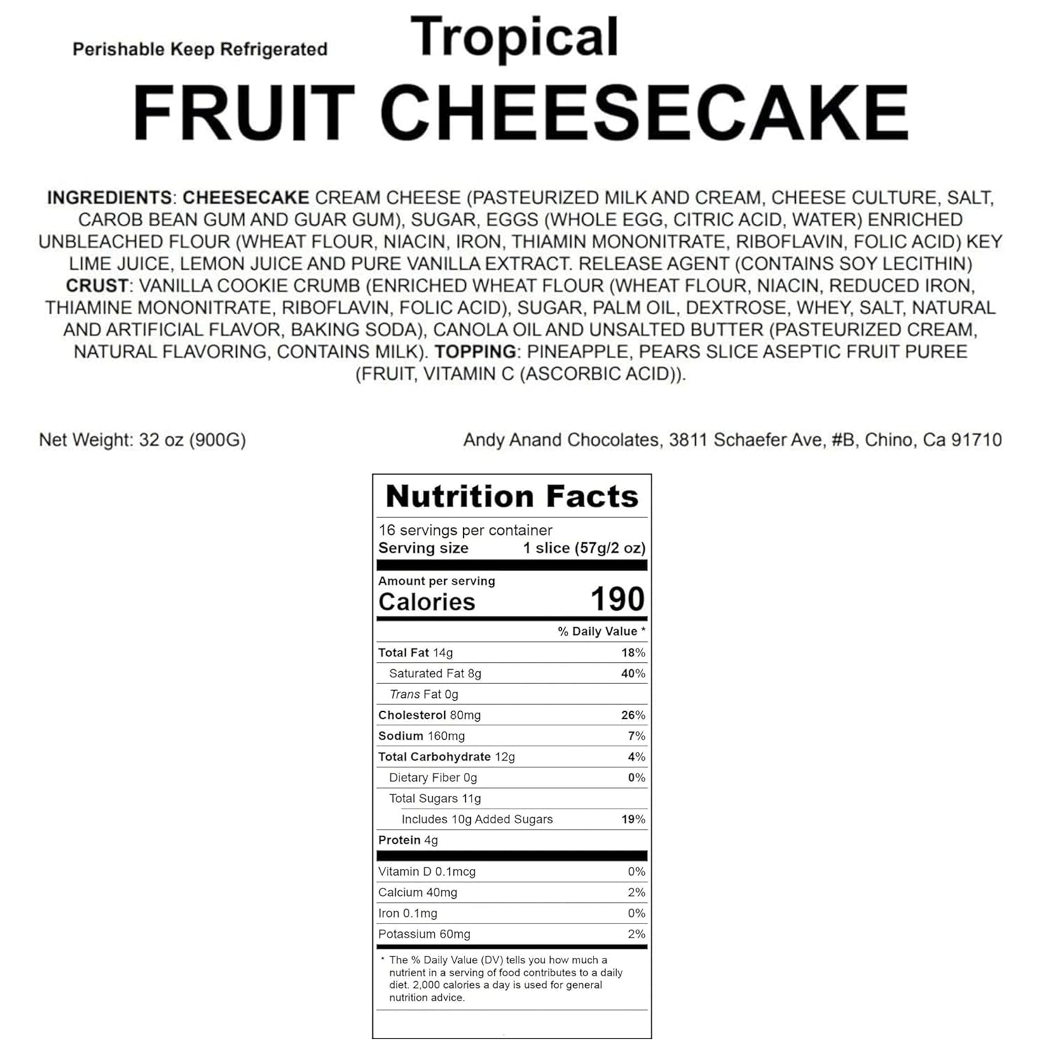 Andy Anand Chocolates Food & Beverages > Desserts & Sweets > Bakery > Cheesecake Andy Anand Tropical Fruit Cheesecake, 9-Inch, 2 lb – Pineapple, Pears & Peach Glaze, NY-Style, Real California Cream Cheese Gift Box Tropical Fruit Cheesecake 2 lb | Hand-Baked, Nationwide
