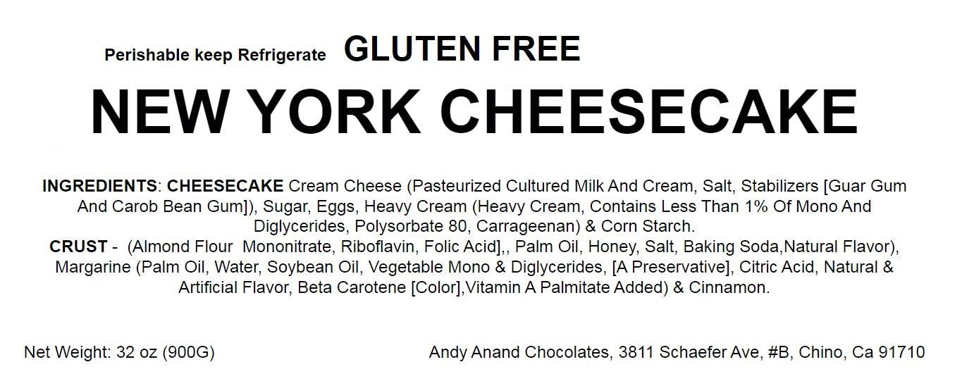 Andy Anand Chocolates Food & Beverages > Desserts & Sweets > Cakes > Gluten-Free Cheesecakes Andy Anand Gluten-Free New York Cheesecake, 9-Inch, 2 lb – Freshly Baked, Velvety Smooth, Real California Cream Cheese, Birthday Gift Box Gluten-Free New York Cheesecake | Nationwide