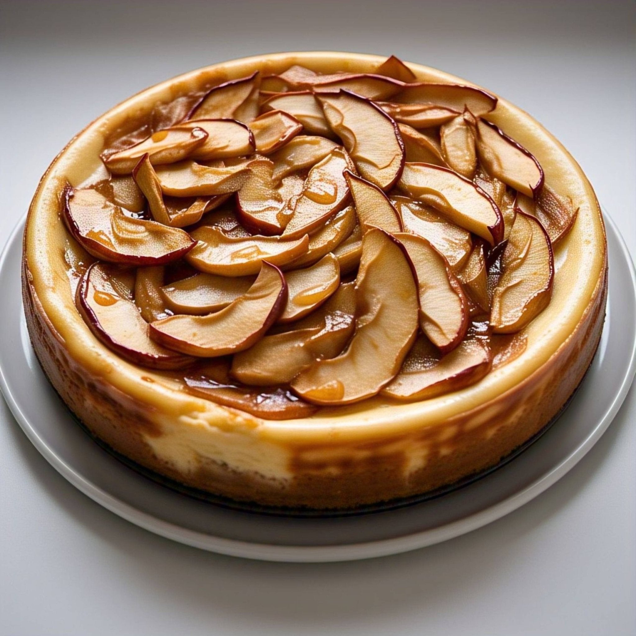 Sugar free apple cheesecake topped with sliced apples on a white plate, fresh bakery dessert for celebrations and guilt-free indulgence.