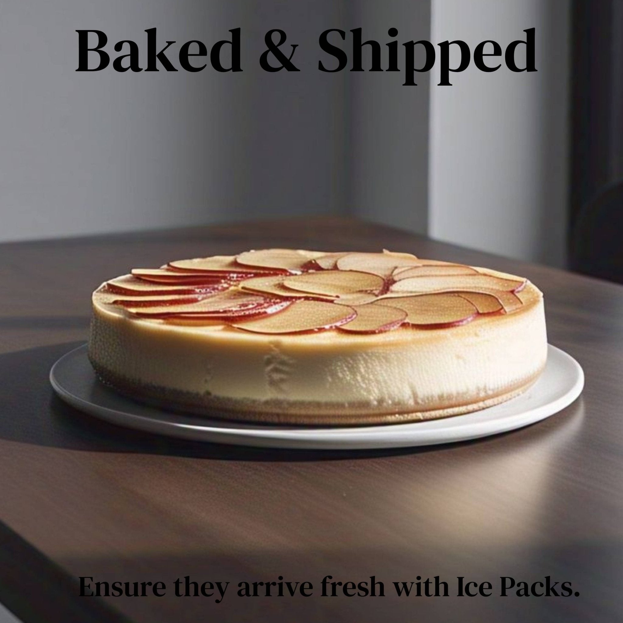 Apple Cheesecake Sugar free apple cheesecake with fresh apple slices on top, baked and shipped fresh with ice packs.