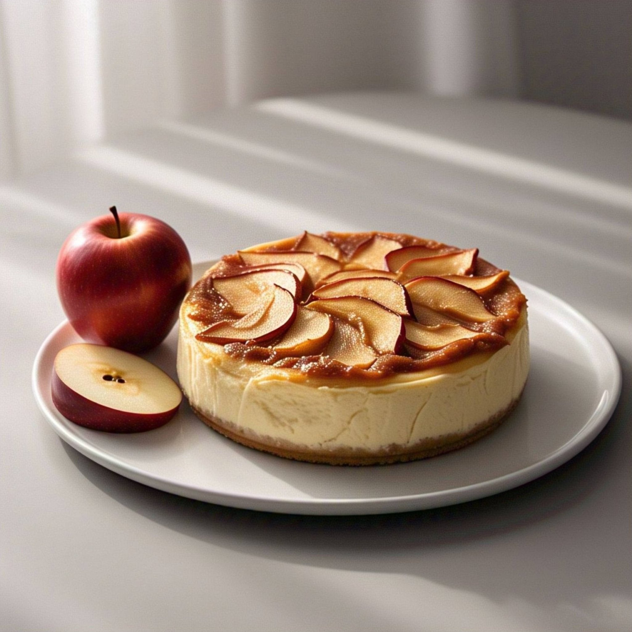 Apple Cheesecake Sugar free apple cheesecake with fresh apple slices on top, served on a white plate with whole and sliced apples.