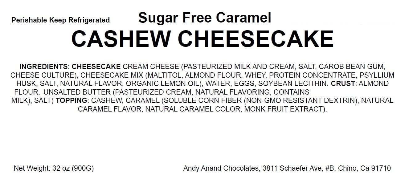 Andy Anand 32 oz Caramel Cashew Cheesecake, sugar-free, gluten-free, 9-inch, ingredients page displayed.
