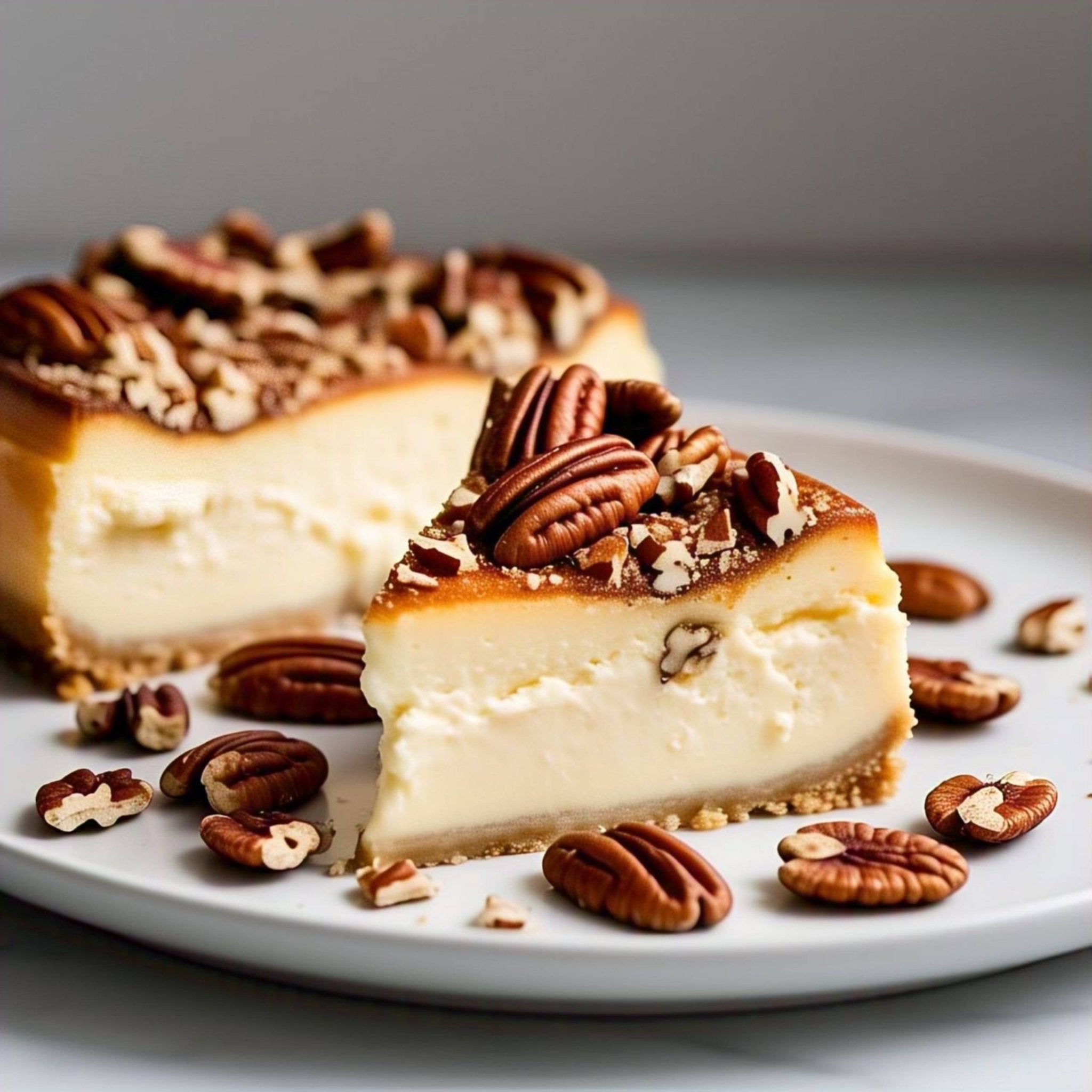 Gluten Free Caramel Pecan Cheesecake Slice of caramel pecan cheesecake topped with whole pecans on a white plate