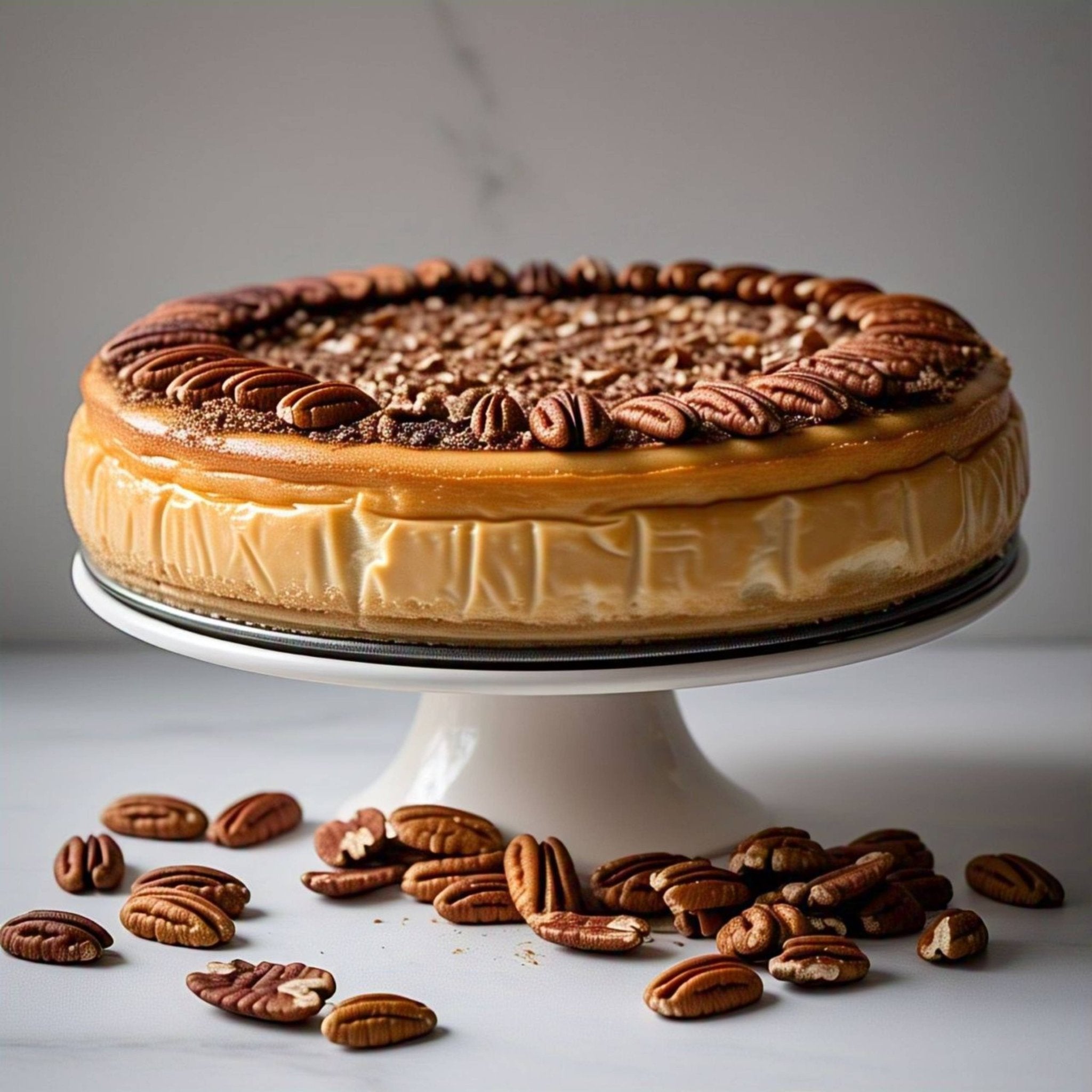 Gluten Free Caramel Pecan Cheesecake Caramel pecan cheesecake topped with whole pecans on a white cake stand with scattered pecans around it