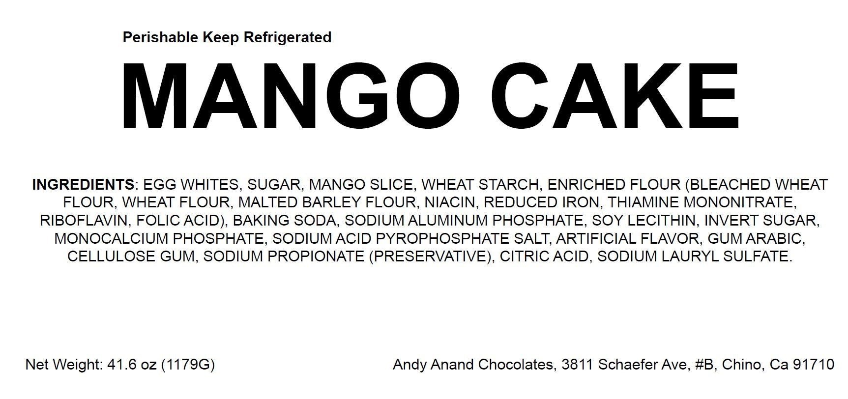 Mango cake with mango slices, egg whites, sugar, wheat starch, and enriched flour ingredients, made by Andy Anand Chocolates in a 9-inch size.
