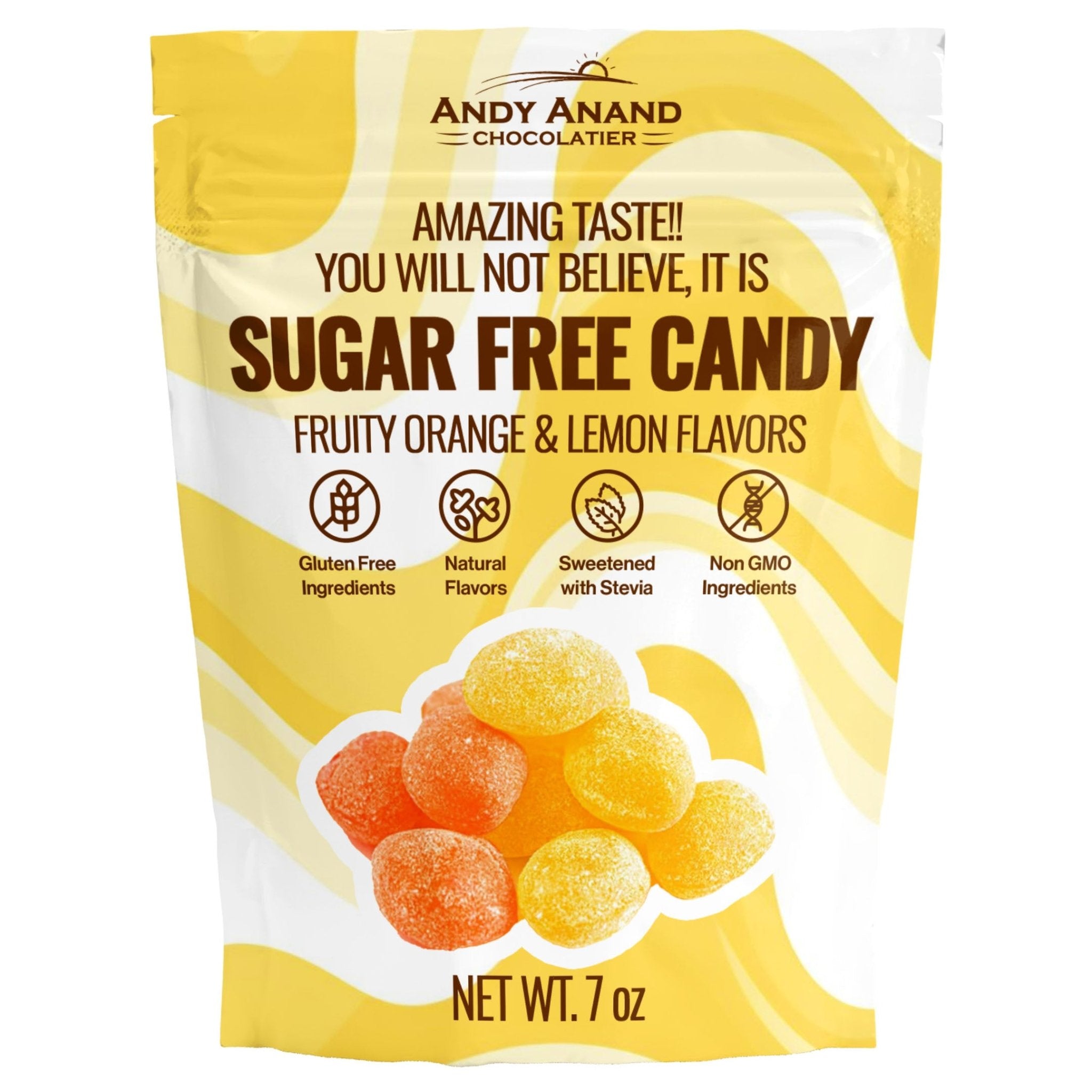 sugar free hard candy Andy Anand Delicious Sugar Free Fruity Orange & Lemon Flavors - 7 Oz, Stevia Candy for Diabetics Irresistible Taste - Andyanand