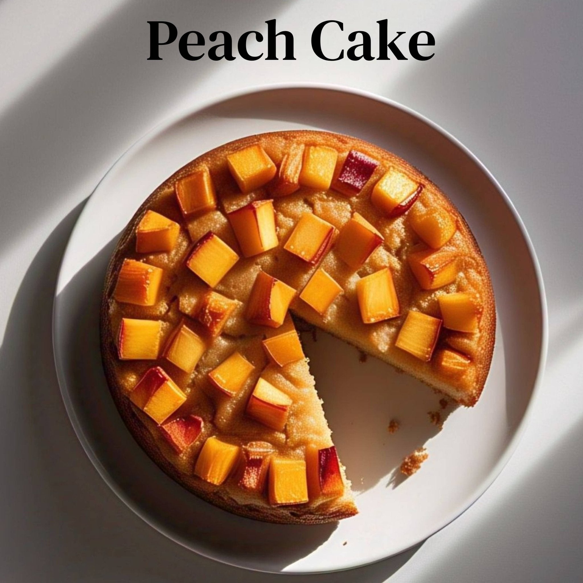 Sugar Free Peach Cake peach cake topped with fresh peach cubes on a white plate