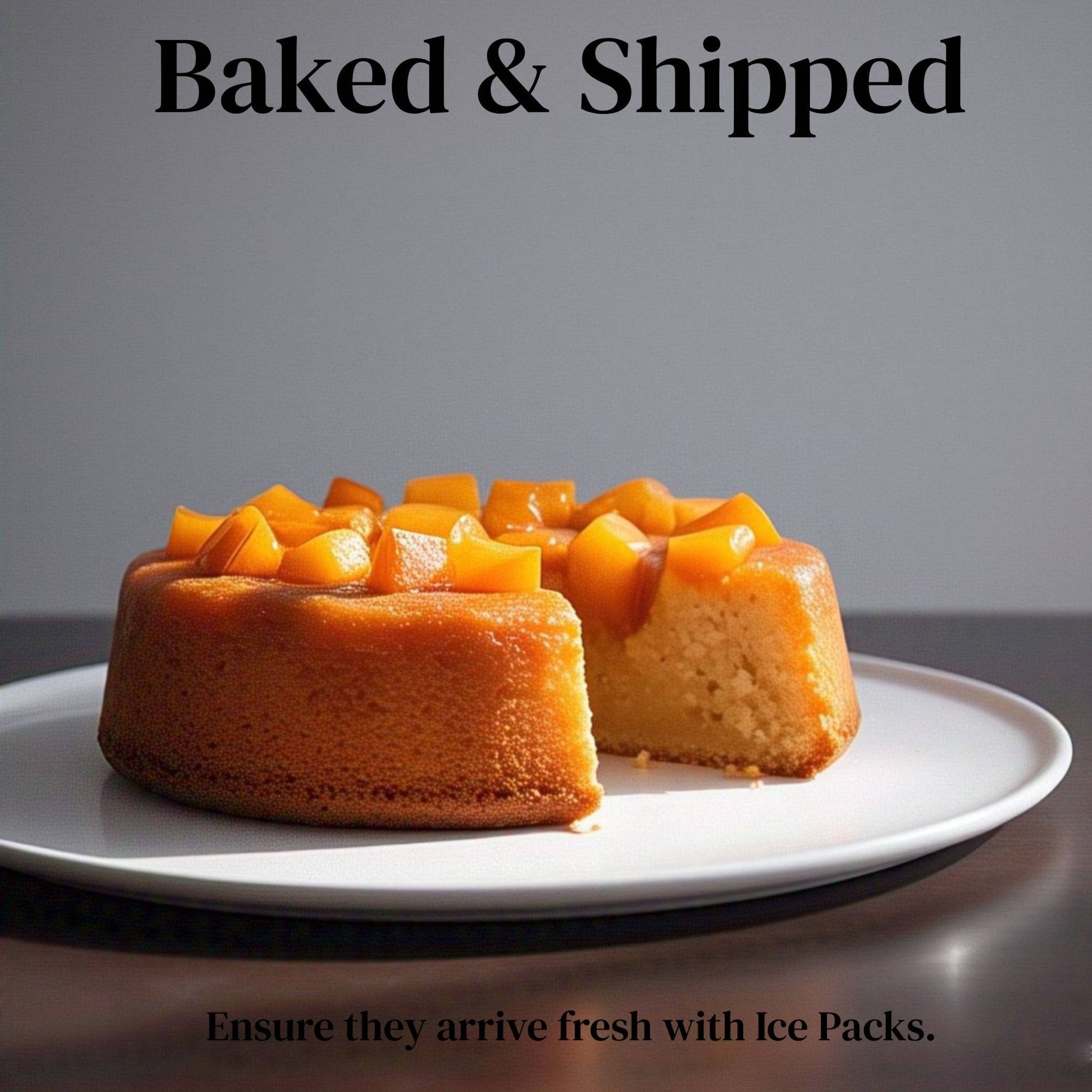 Sugar Free Peach Cake cake topped with fresh peach pieces on white plate, moist and soft texture, baked and shipped fresh with ice packs