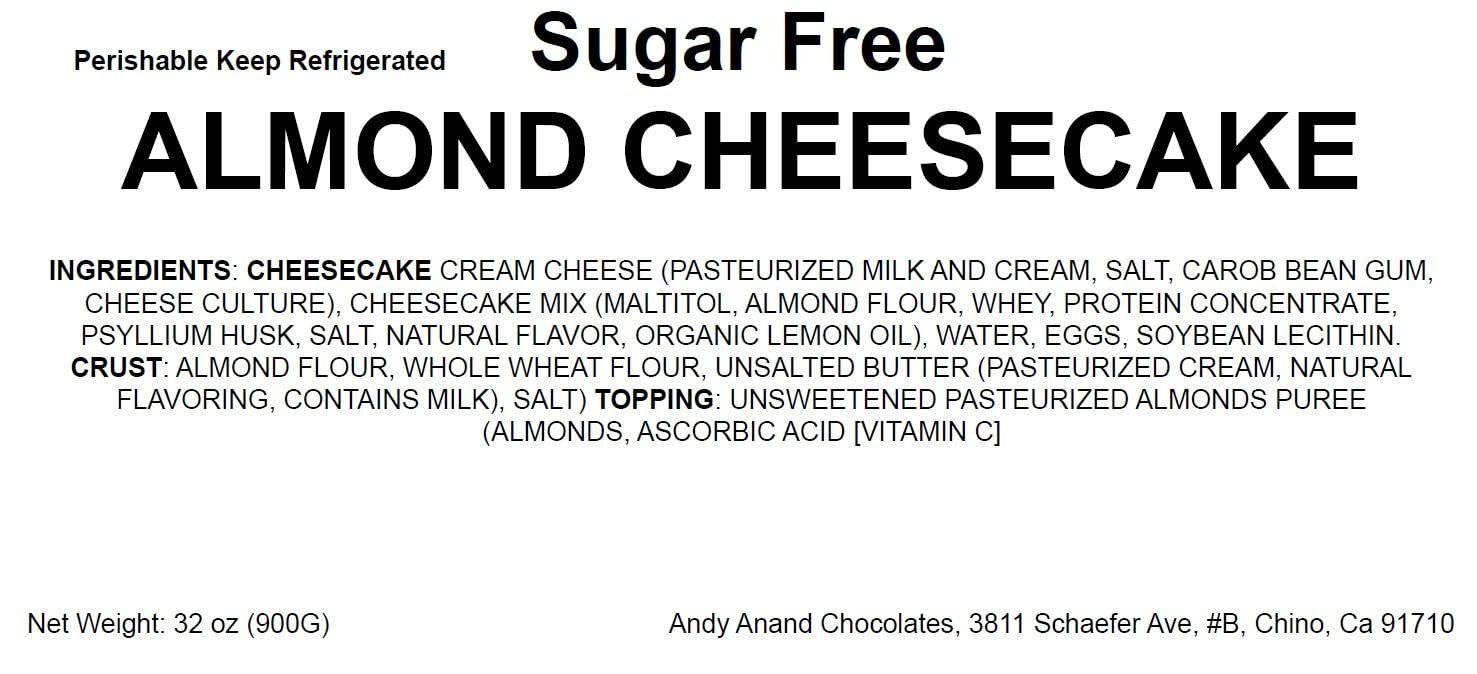 Andy Anand Chocolates Food & Beverages > Desserts & Sweets > Cakes > Sugar-Free Cheesecakes Andy Anand Sugar-Free Almond Cheesecake, 9-Inch, 2 lb – Diabetic-Friendly, Real California Cream Cheese, No Preservatives, Birthday Gift Sugar-Free Almond Cheesecake 2.6 lb | Nationwide