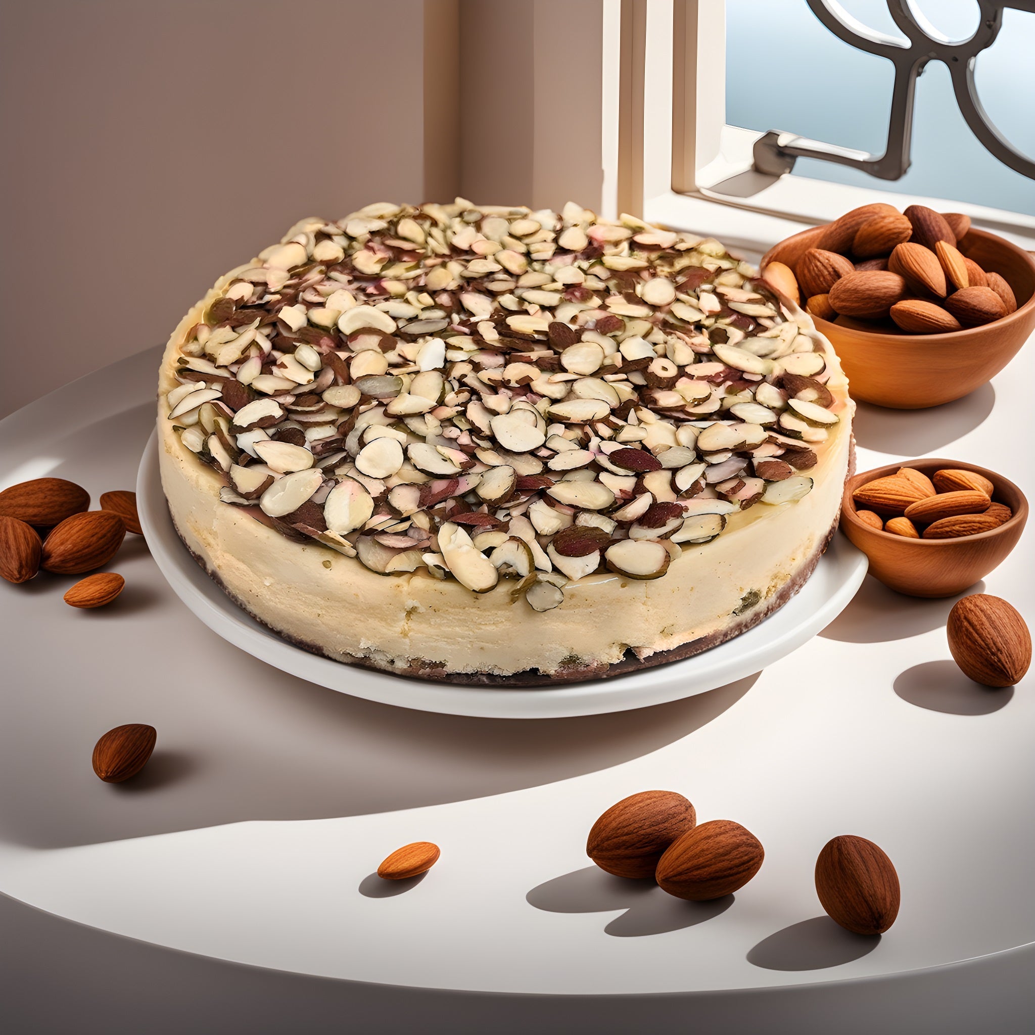 Sugar-free almond cheesecake near me with fresh almond topping, freshly baked and delicious dessert.